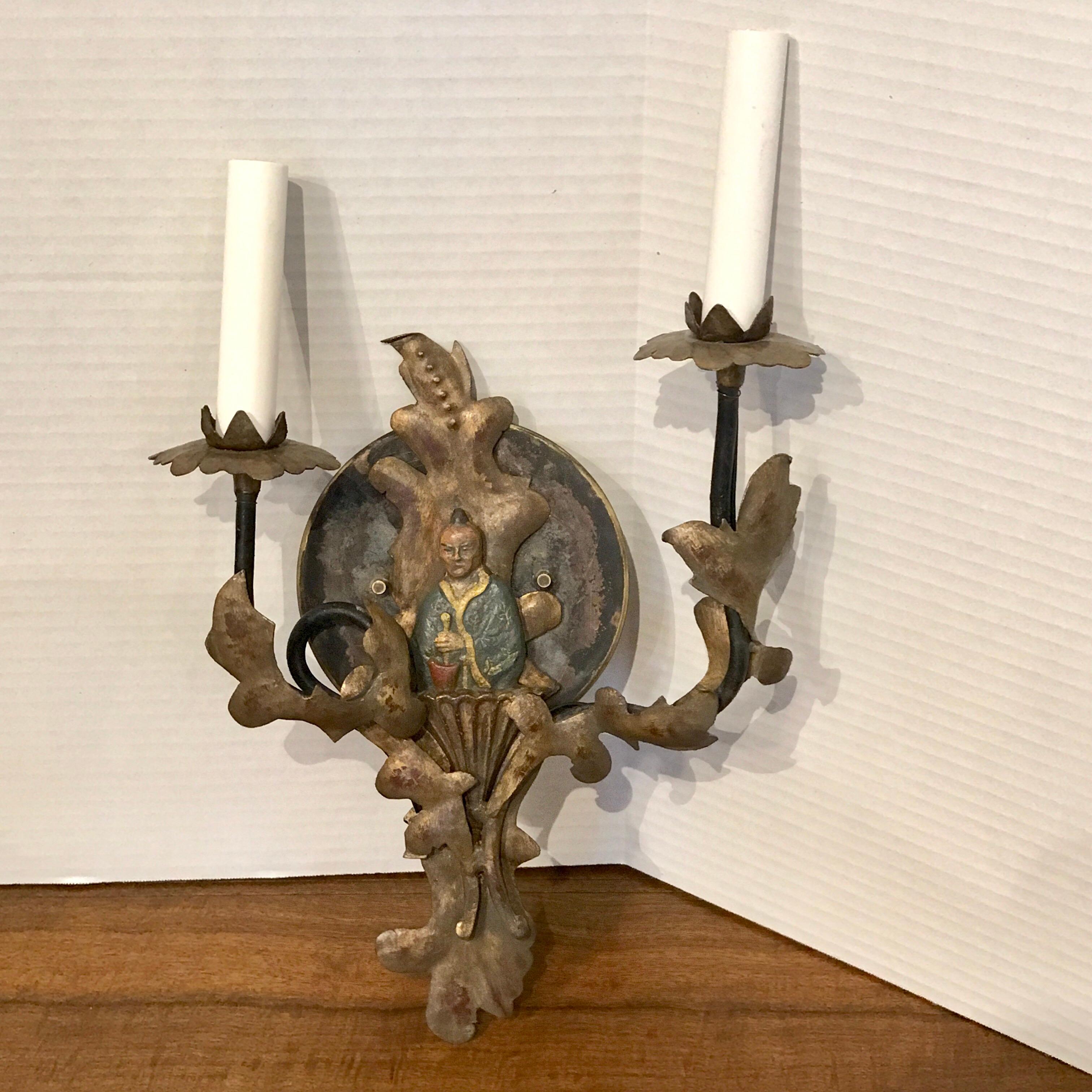 Pair of 19th Century Chinoiserie Polychromed Tole Sconces, Now Electrified 3