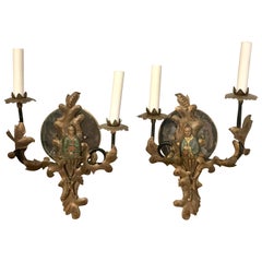 Antique Pair of 19th Century Chinoiserie Polychromed Tole Sconces, Now Electrified