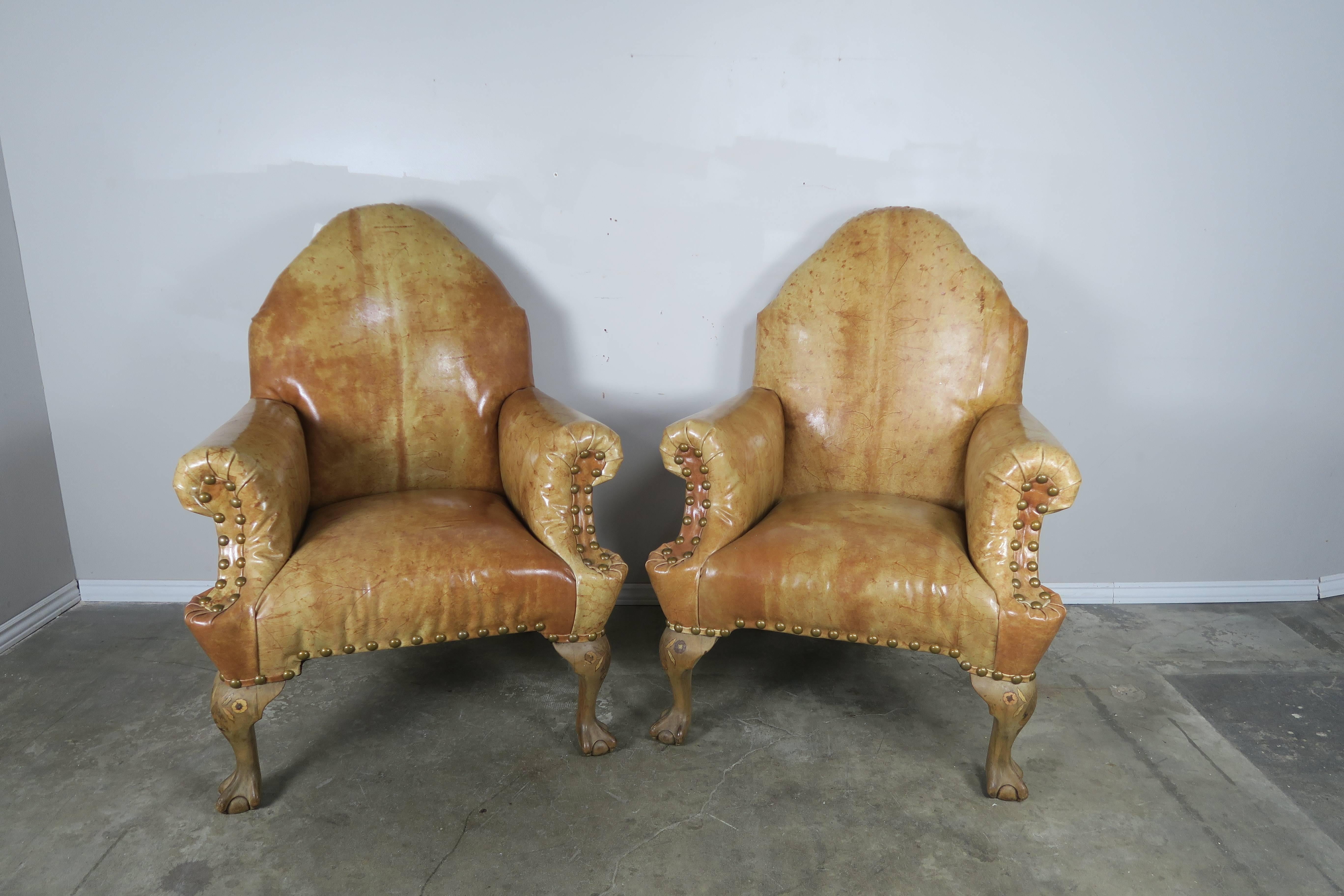 English Pair of 19th Century Chippendale Style Leather Armchairs