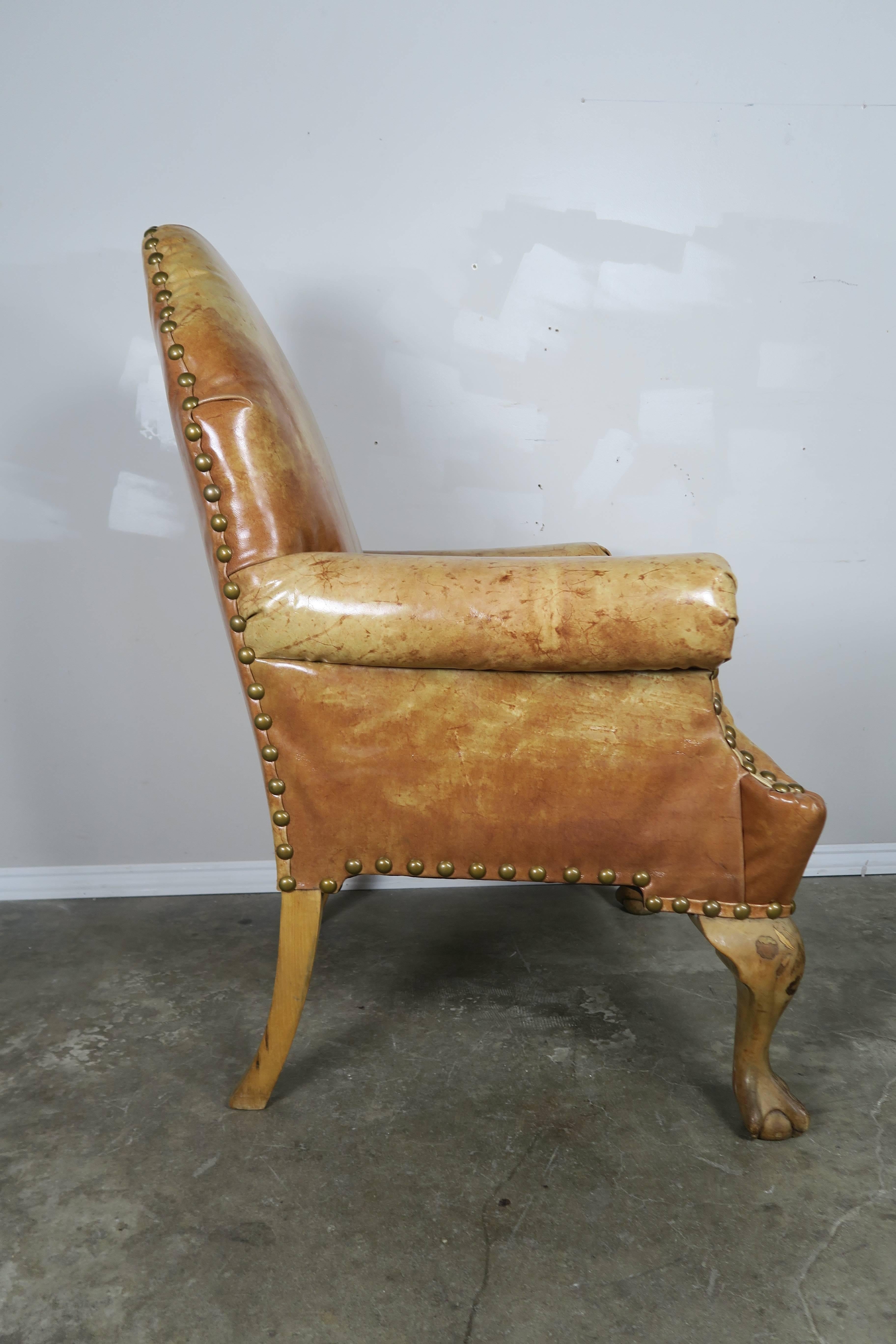 Pair of 19th Century Chippendale Style Leather Armchairs 1