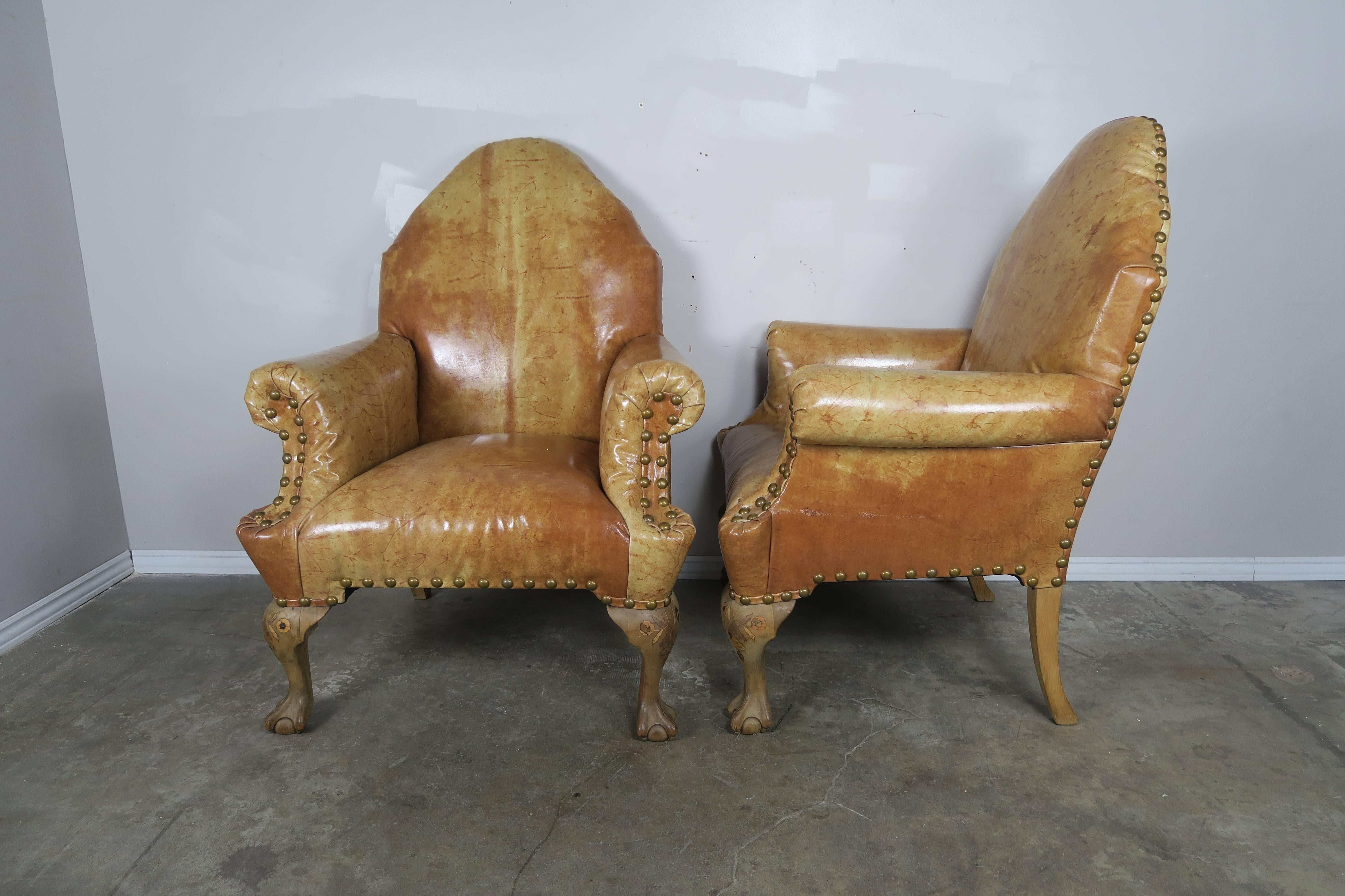 Pair of 19th Century Chippendale Style Leather Armchairs 2