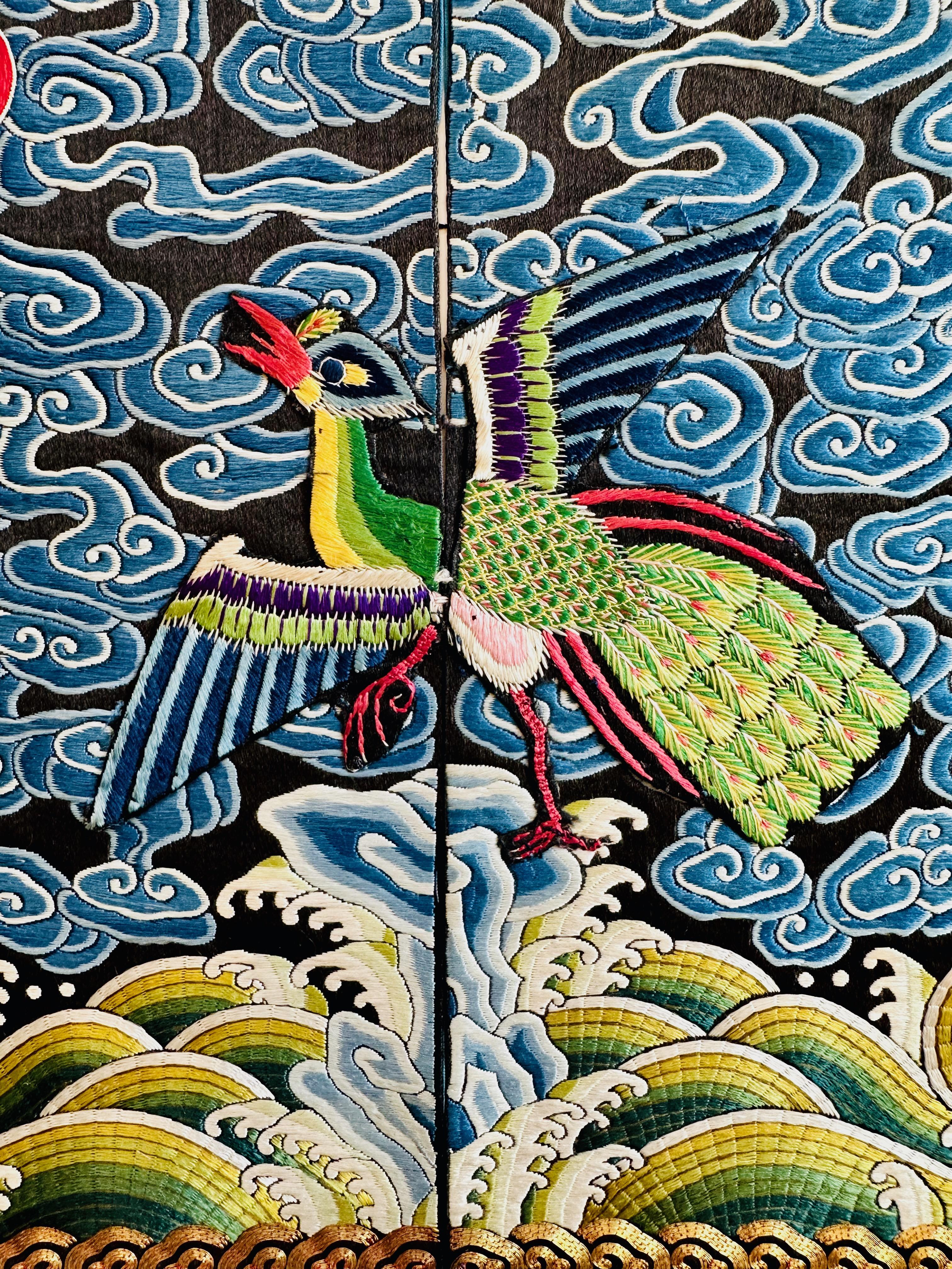 Chinese Pair of 19th Century Civil Rank Badges with Peacocks (Third Rank) For Sale