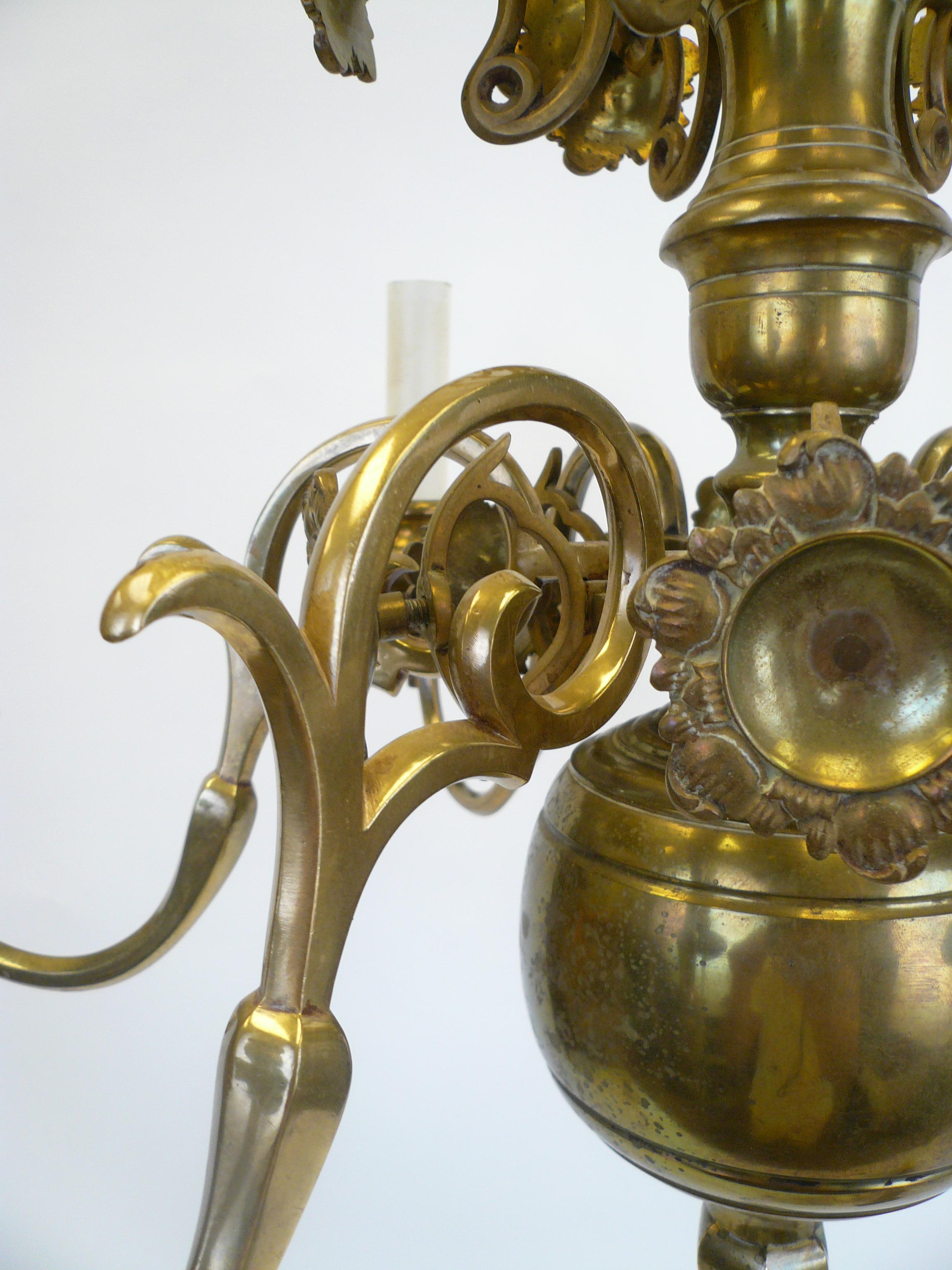 Pair of 19th Century Classic Dutch Baroque Style Brass Six-Light Chandeliers 1