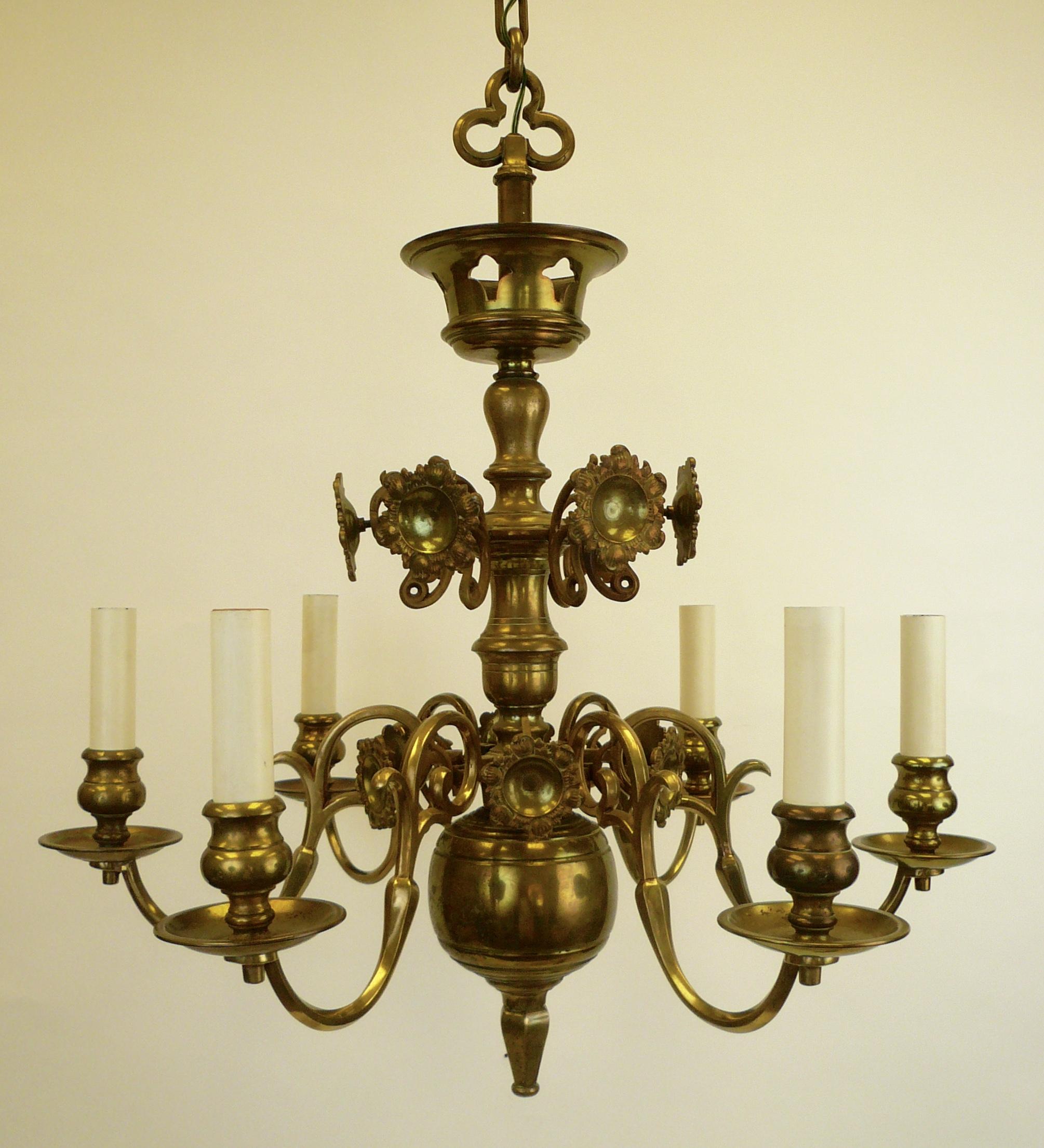 Pair of 19th Century Classic Dutch Baroque Style Brass Six-Light Chandeliers 3