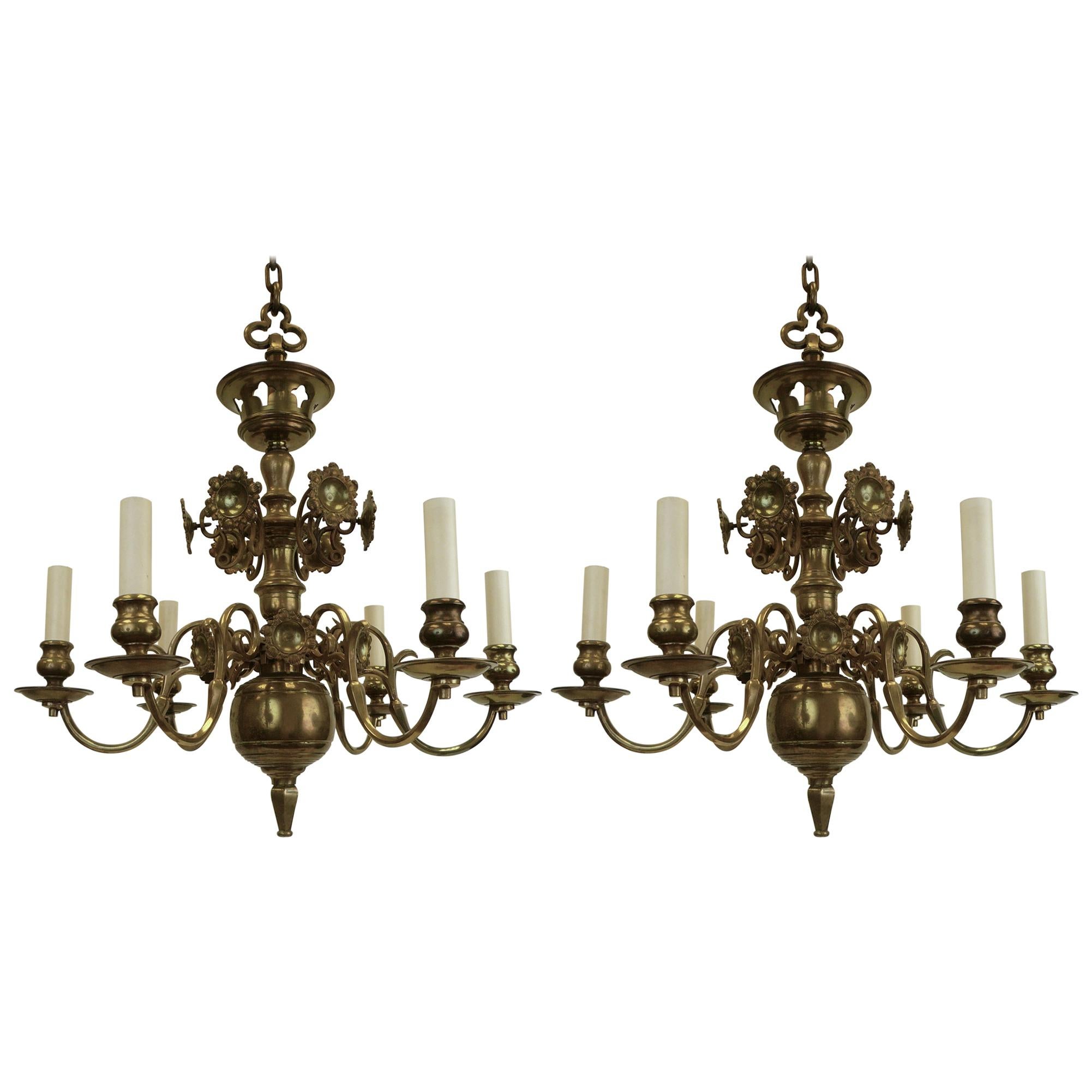 Pair of 19th Century Classic Dutch Baroque Style Brass Six-Light Chandeliers