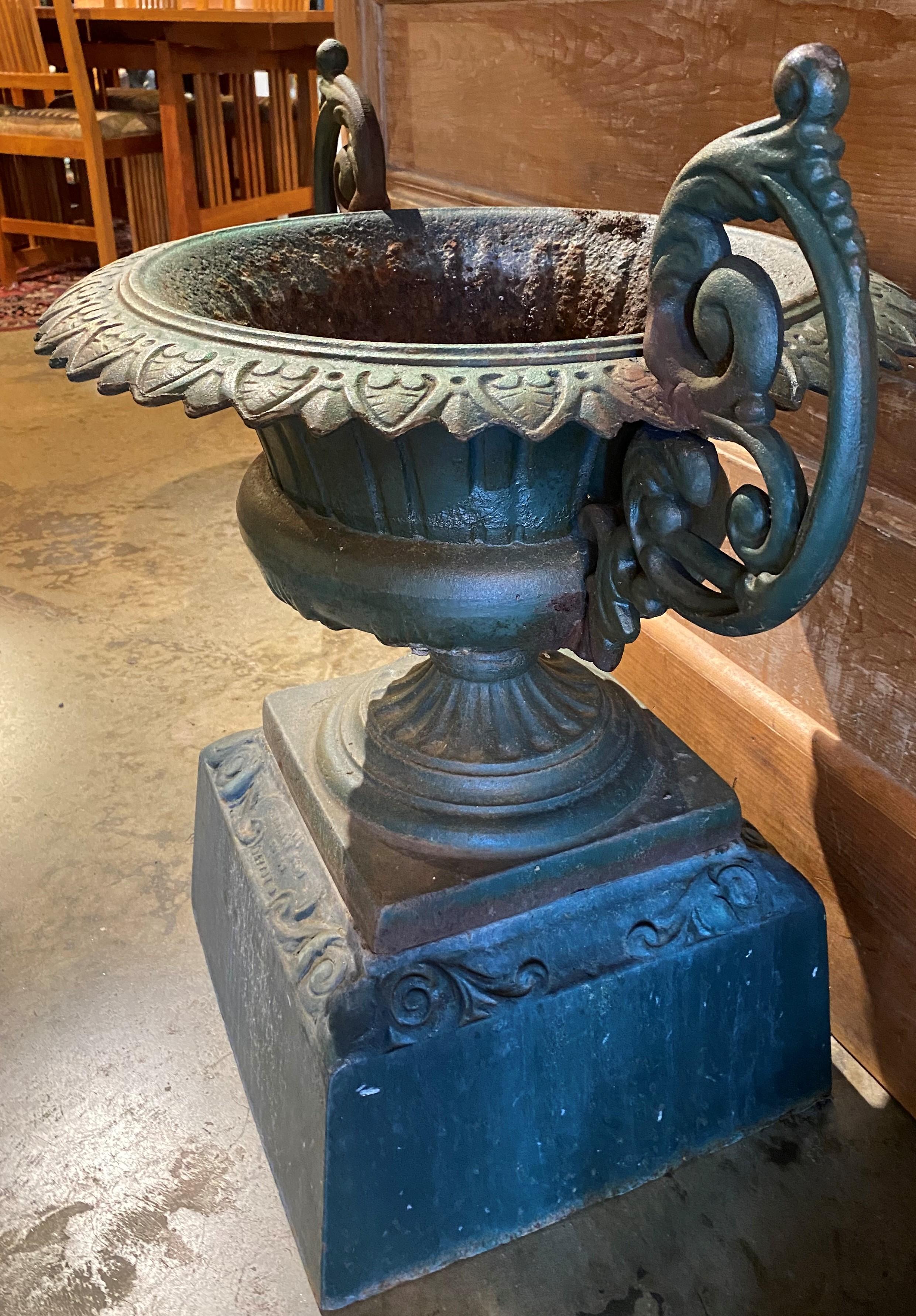 Neoclassical Pair of 19th Century Classical Form Cast Iron Urns by Kramer Bros Foundry