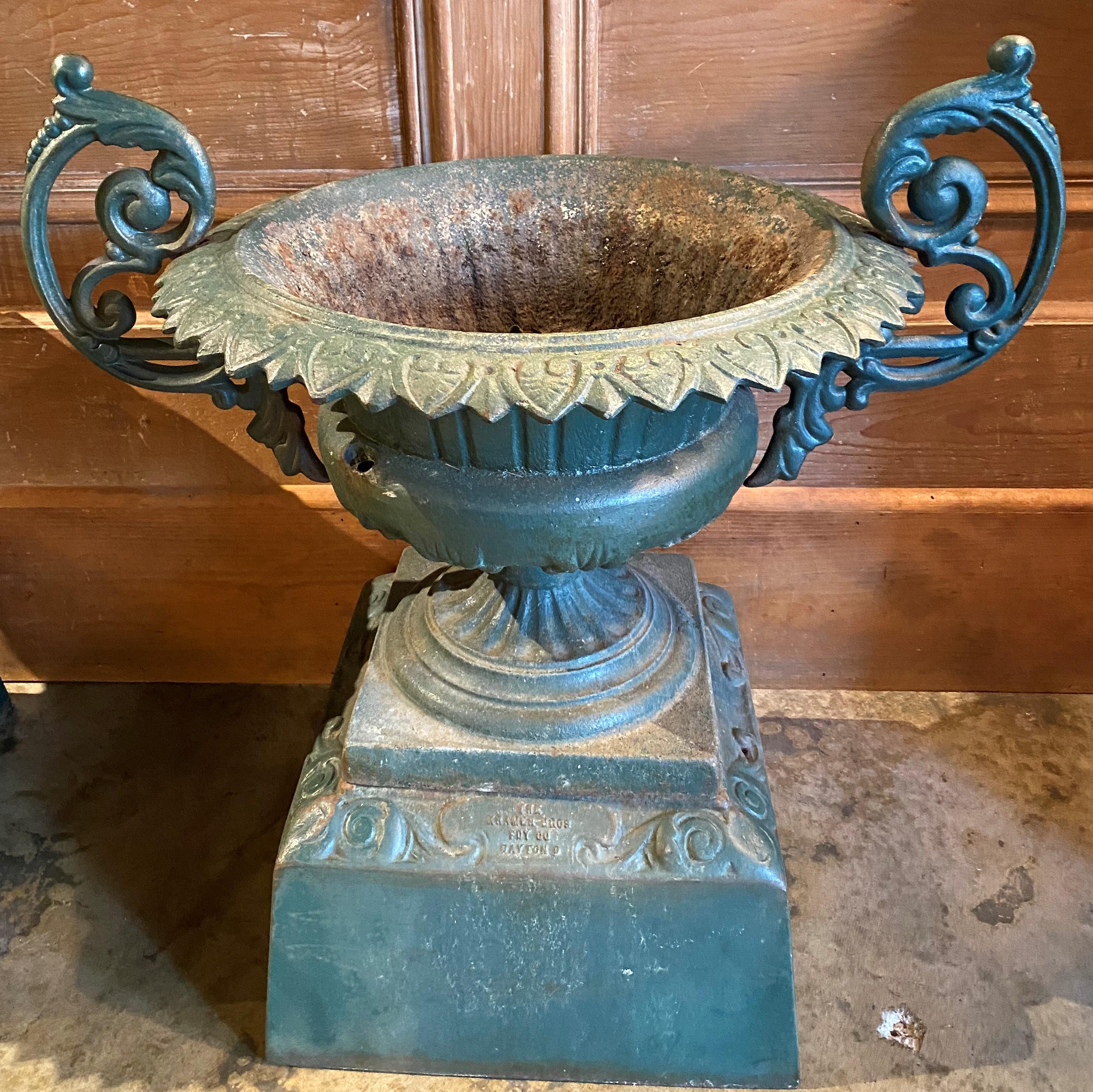 American Pair of 19th Century Classical Form Cast Iron Urns by Kramer Bros Foundry