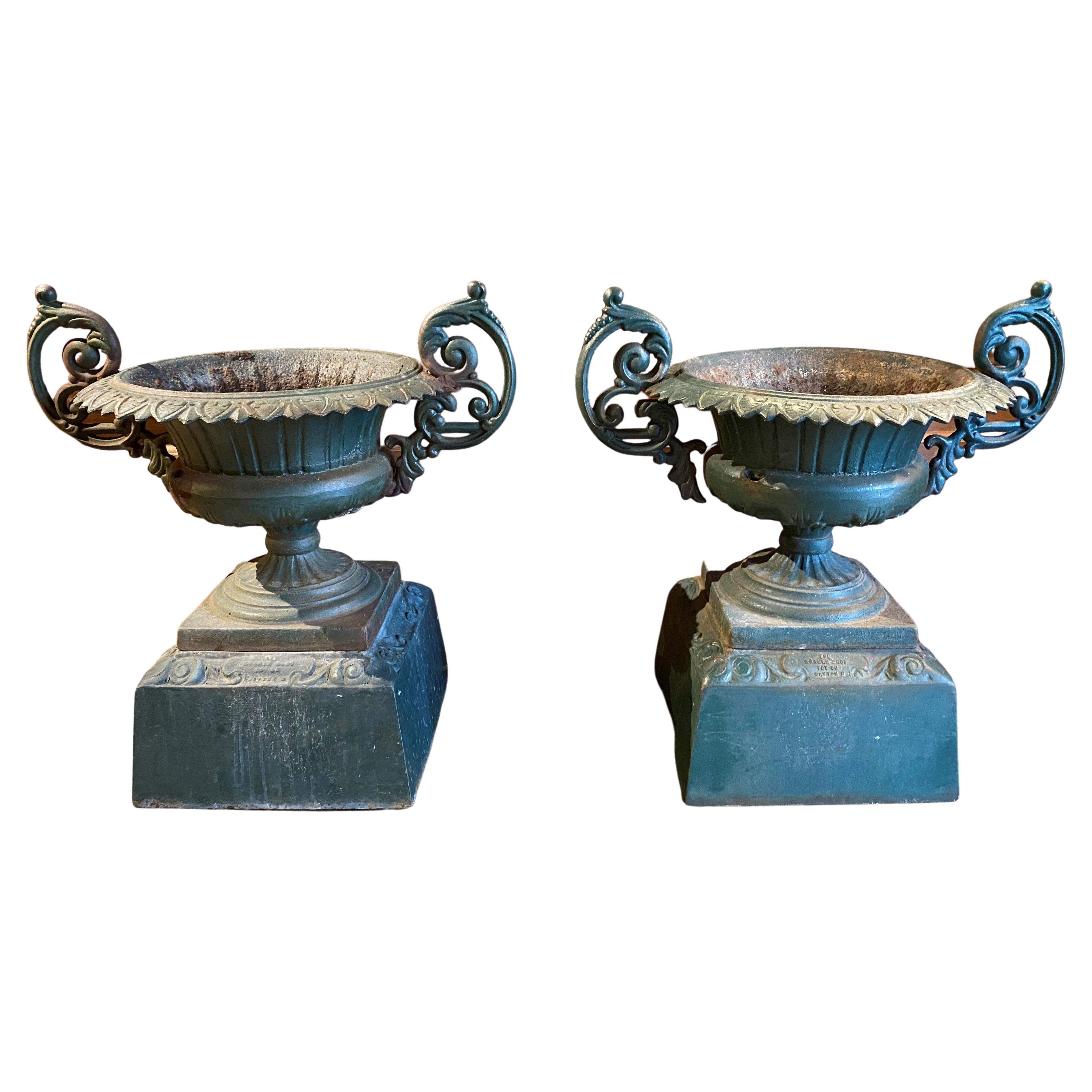 Pair of 19th Century Classical Form Cast Iron Urns by Kramer Bros Foundry