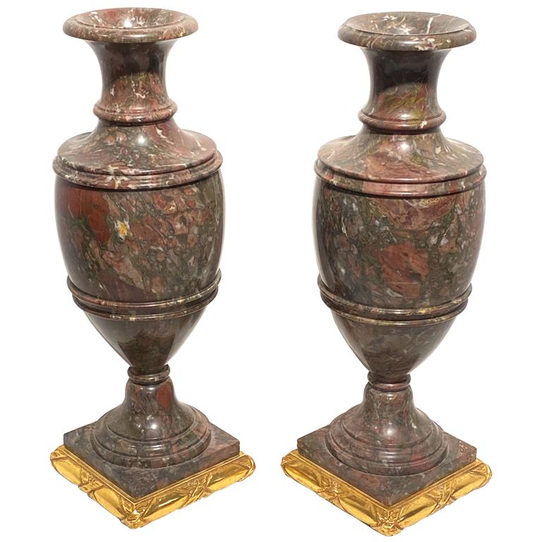 Pair of 19th Century Classical Rouge Marble Vases on Giltwood Bases For Sale