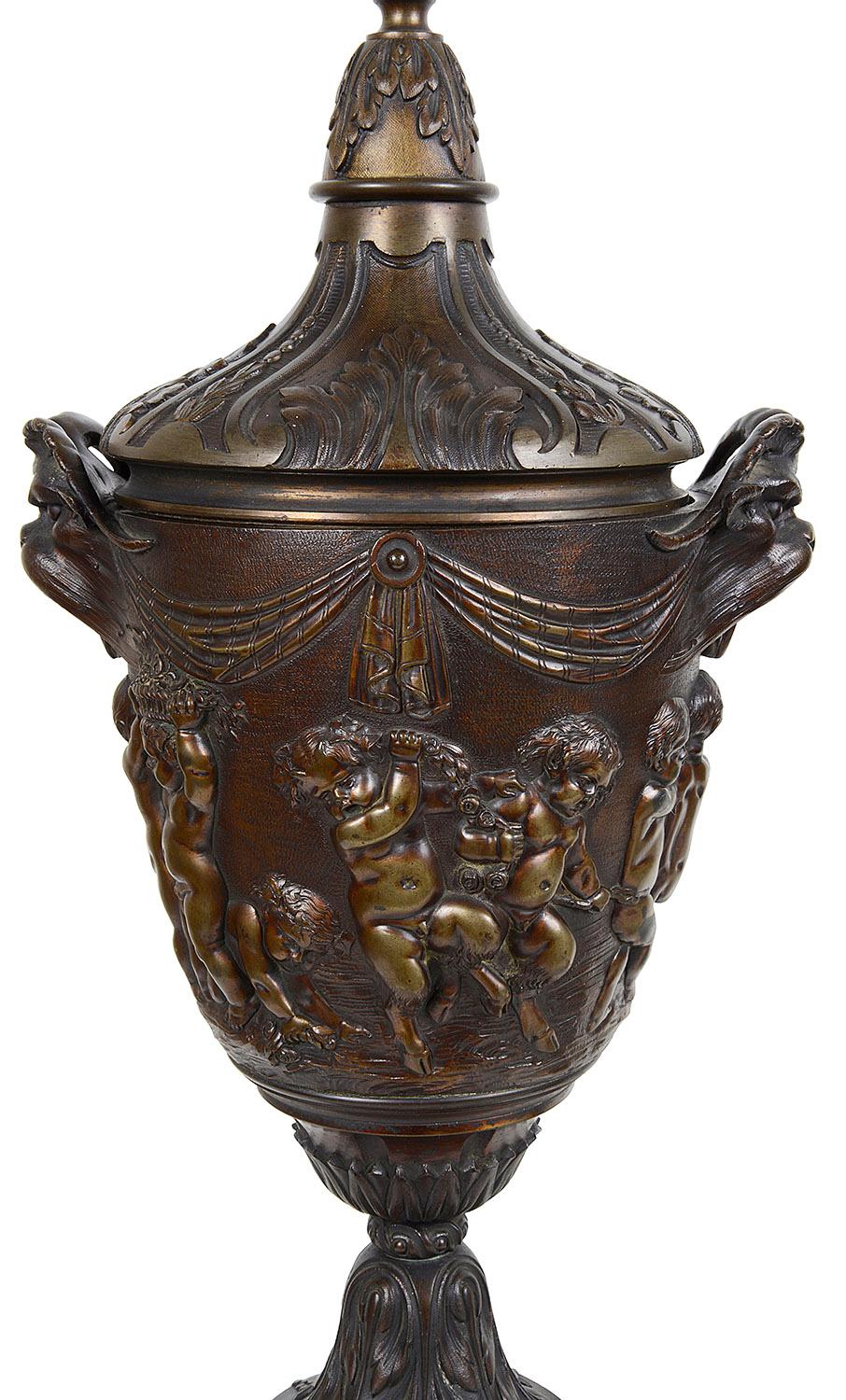 French Pair of 19th Century Clodian Style Bronze Lidded Urns For Sale