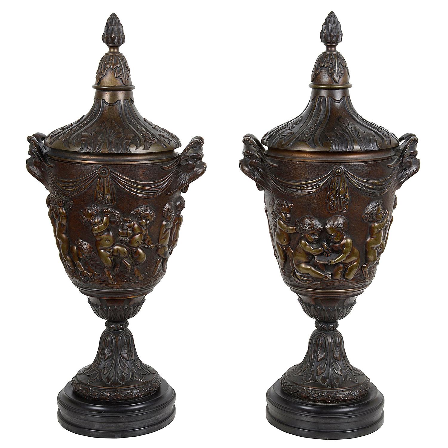 Pair of 19th Century Clodian Style Bronze Lidded Urns For Sale