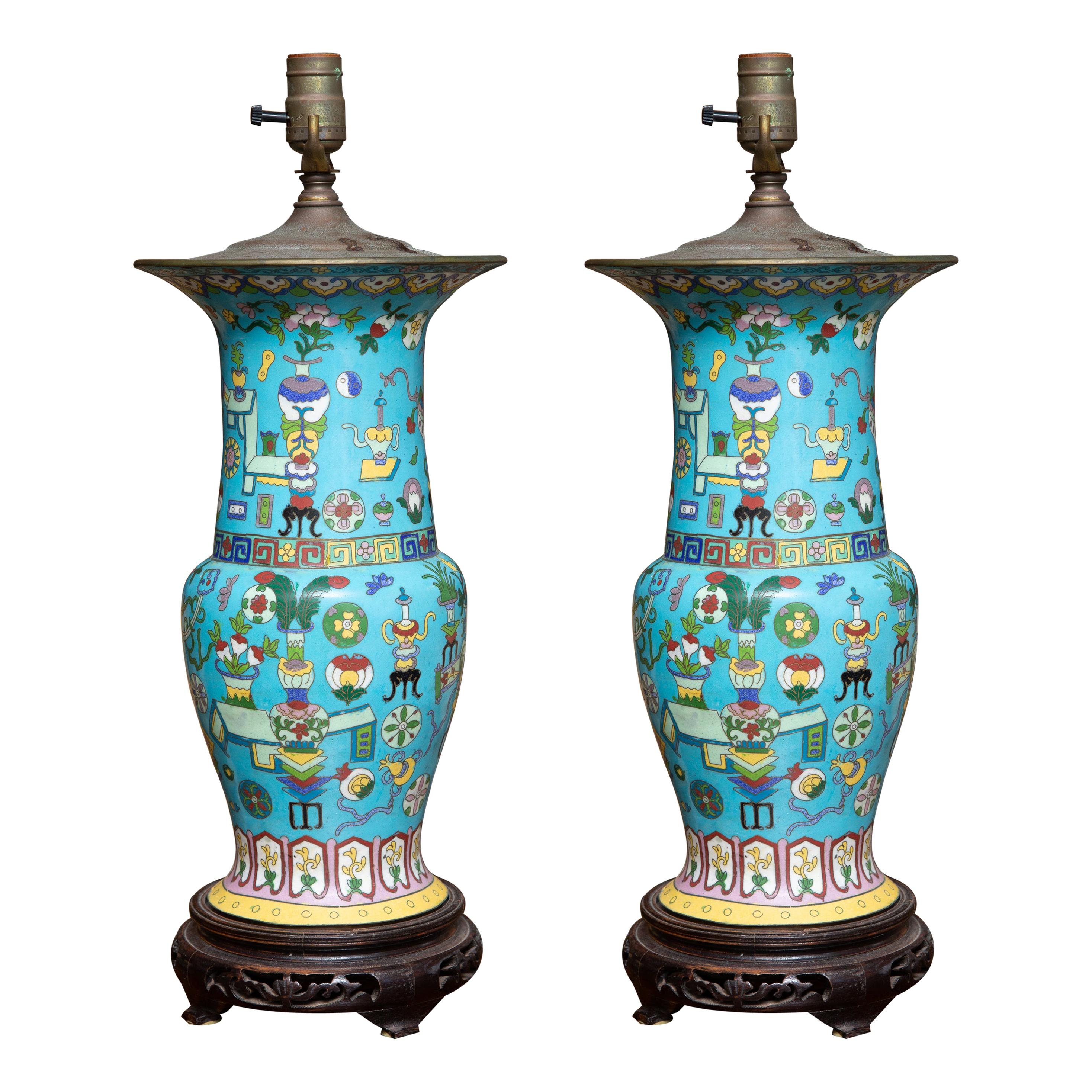 Pair of 19th Century Cloisonné Lamps For Sale