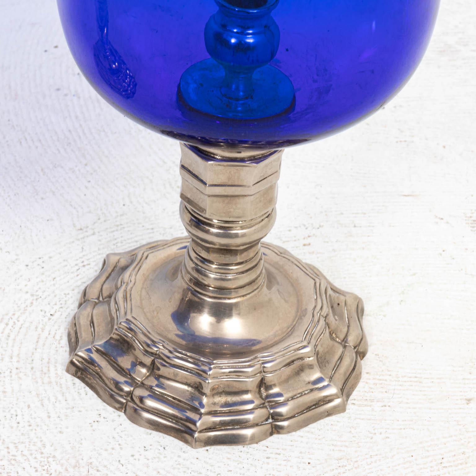 Queen Anne Pair of 19th Century Cobalt Blue Glasses on Silver Base Hurricanes