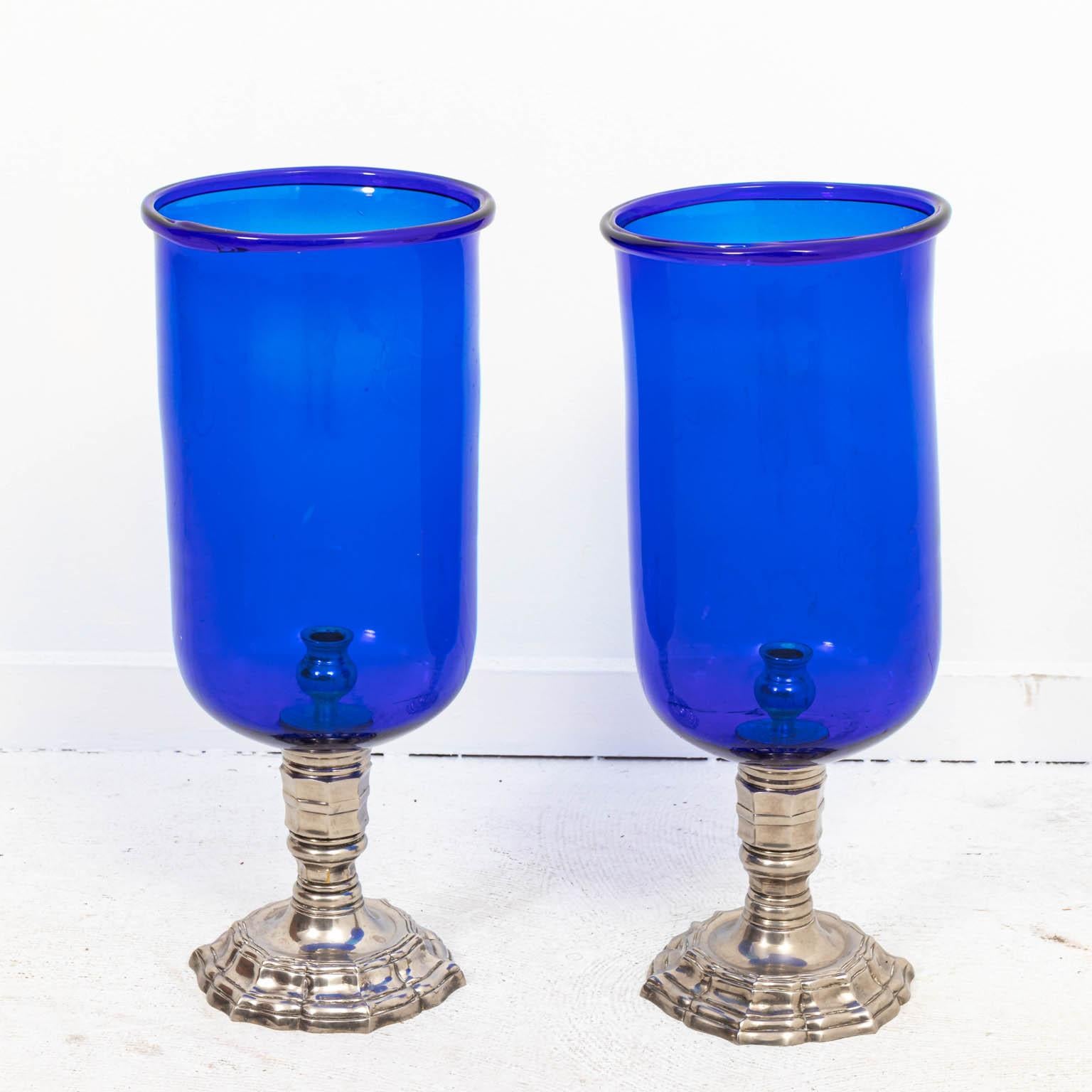 English Pair of 19th Century Cobalt Blue Glasses on Silver Base Hurricanes