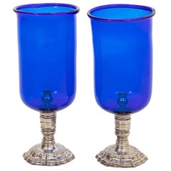Pair of 19th Century Cobalt Blue Glasses on Silver Base Hurricanes