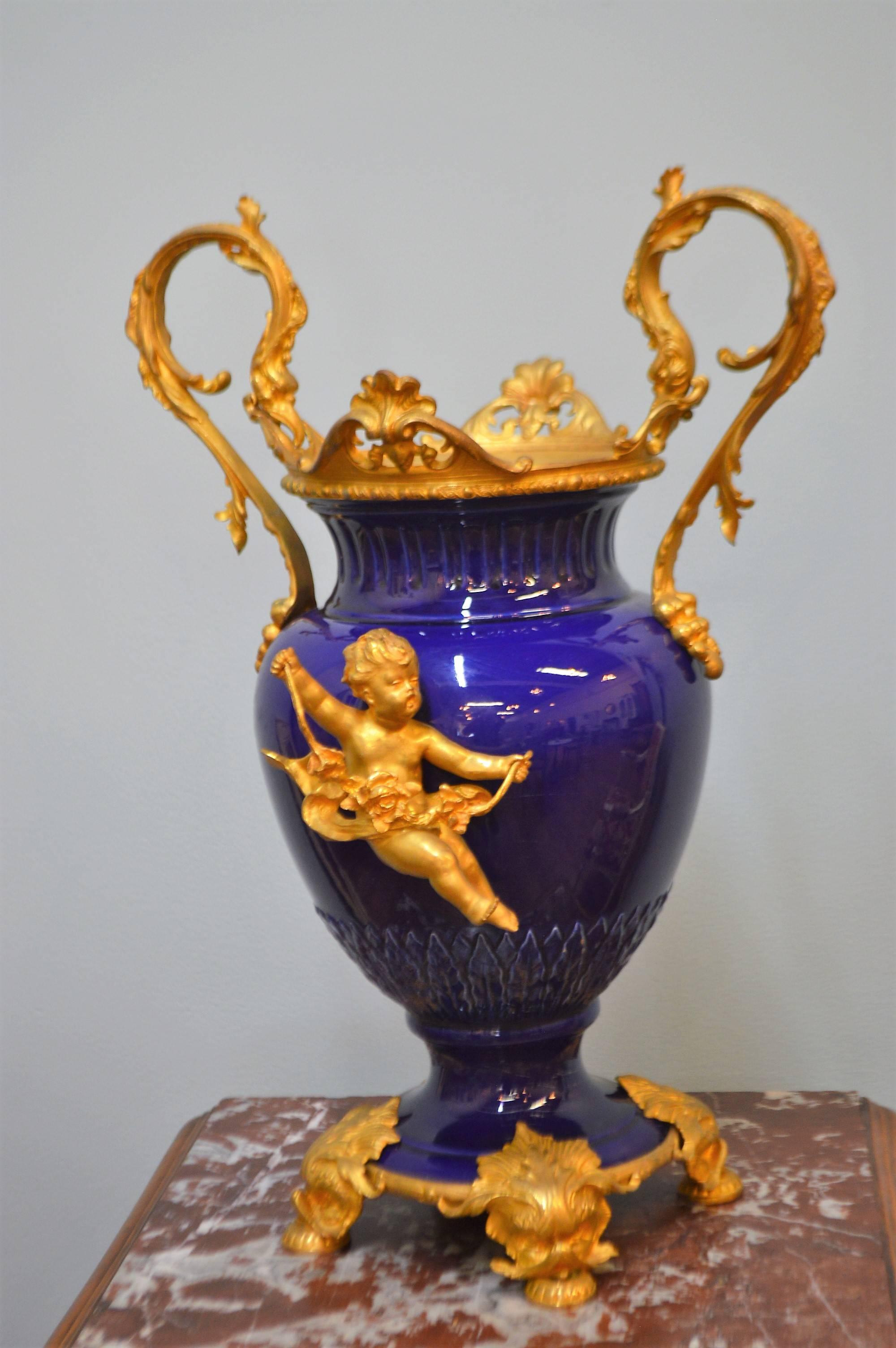 Pair of 19th Century Cobalt Blue Porcelain Urns with Fine Gilded Bronze Elements 2