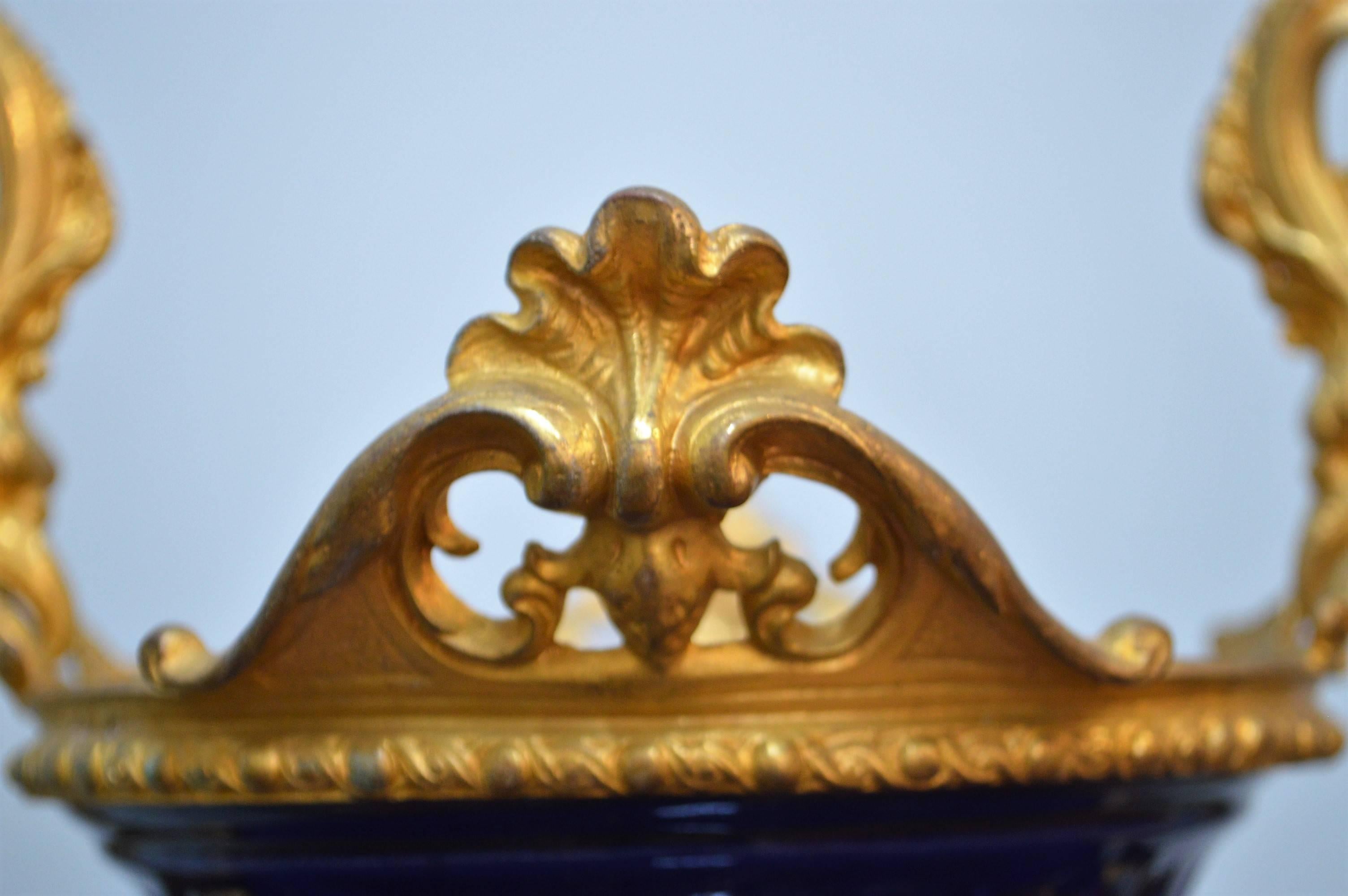 Pair of 19th Century Cobalt Blue Porcelain Urns with Fine Gilded Bronze Elements 3