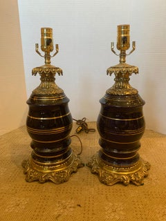 Pair of 19th Century Cobalt Porcelain Lamps with Bronze Mounts and Gilt Banding