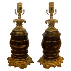 Pair of 19th Century Cobalt Porcelain Lamps with Bronze Mounts and Gilt Banding