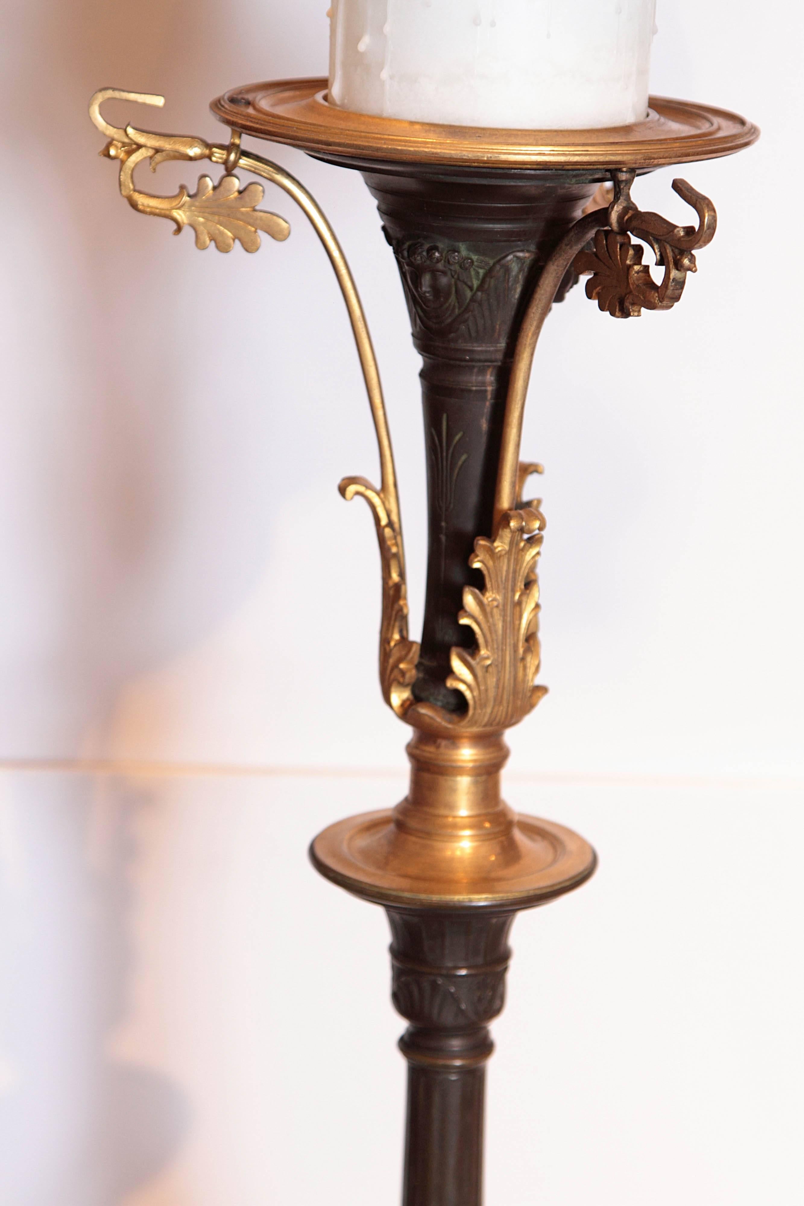 English Pair of 19th Century Continental Bronze and Gilt Bronze Torchiere Floor Lamps