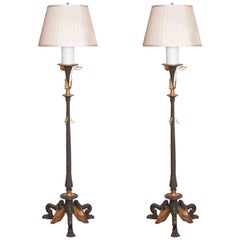 Antique Pair of 19th Century Continental Bronze and Gilt Bronze Torchiere Floor Lamps