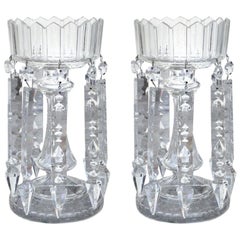 Antique Pair of 19th Century Continental Clear Cut Crystal Mantel Lusters with Prisms