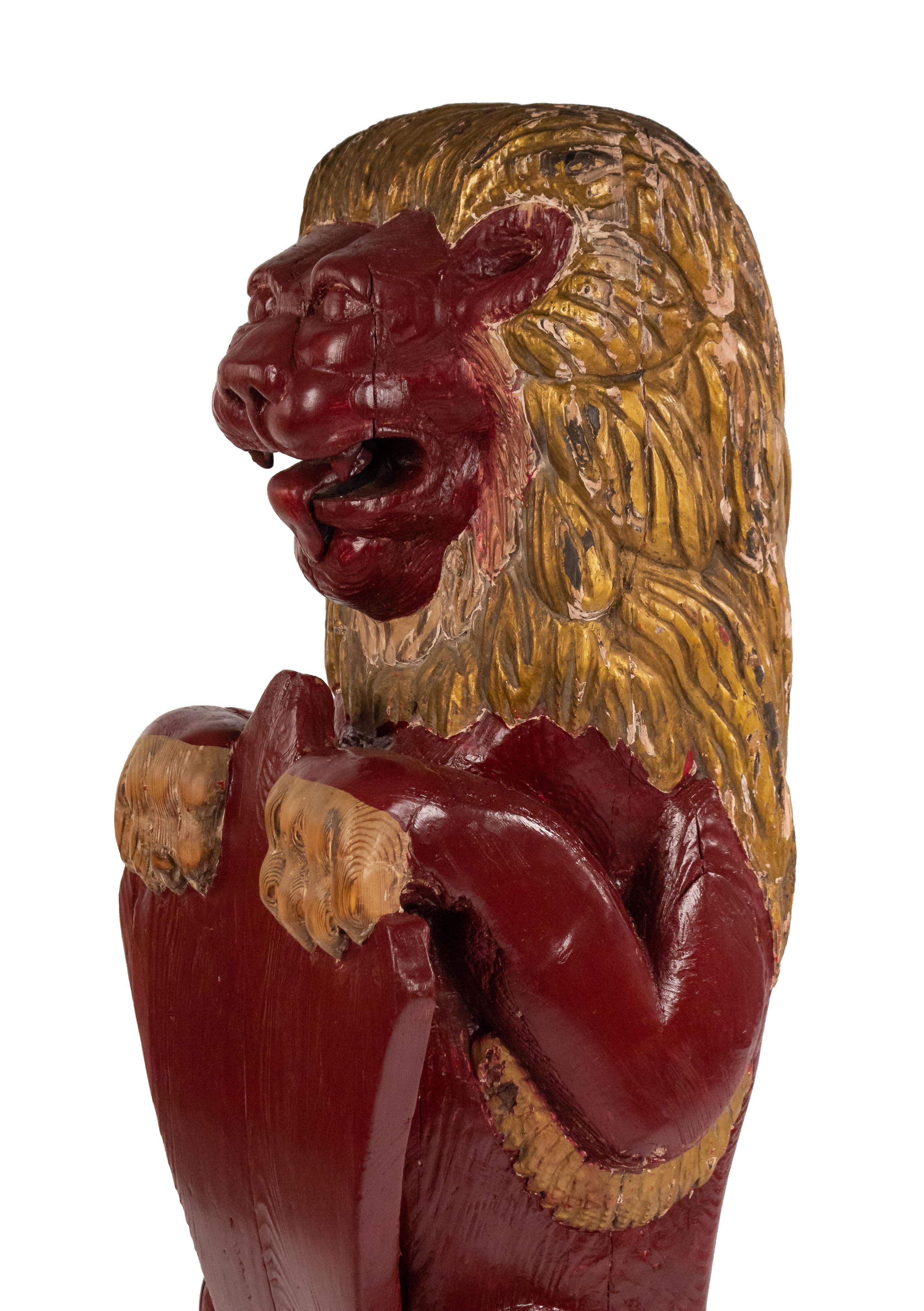 Pair of 19th Century Continental Dutch Red Painted Pine Lions For Sale 1