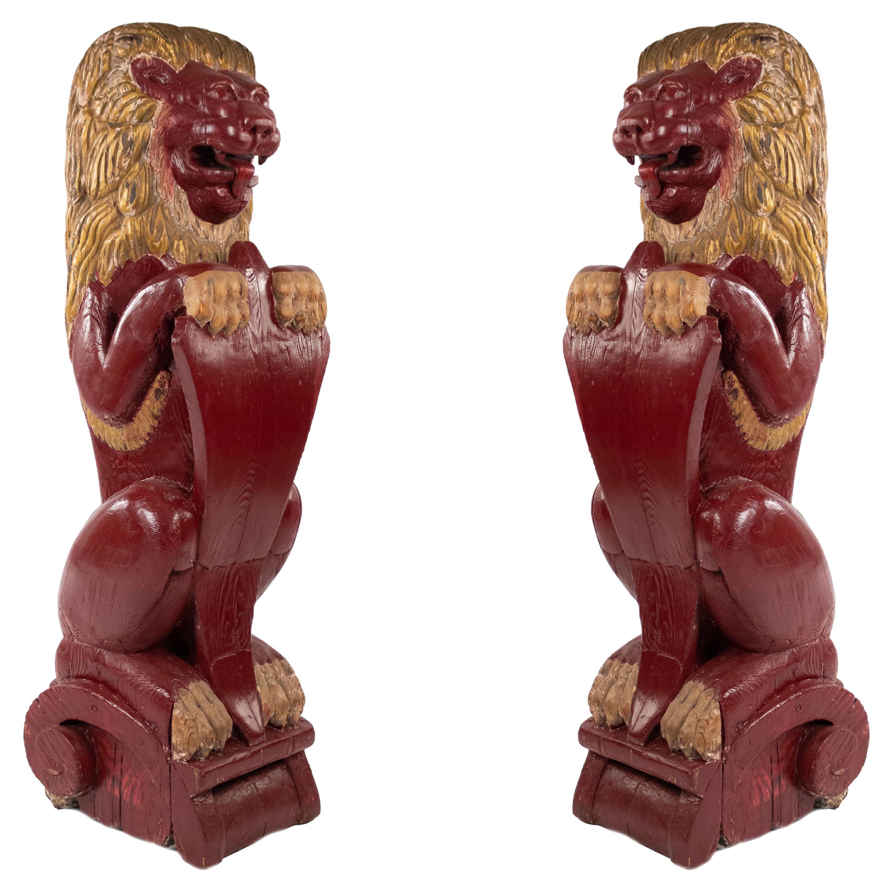 Pair of 19th Century Continental Dutch Red Painted Pine Lions