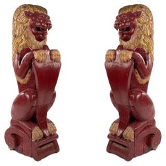 Pair of 19th Century Continental Dutch Red Painted Pine Lions