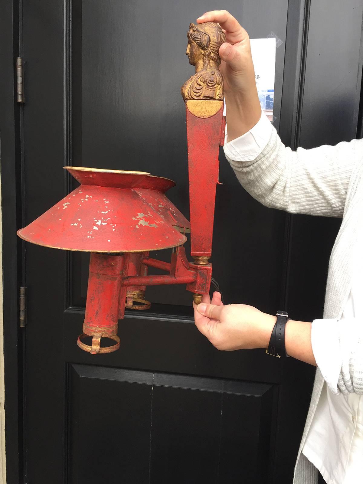 Pair of 19th Century Continental Empire Red Tole Two-Arm Sconces 2