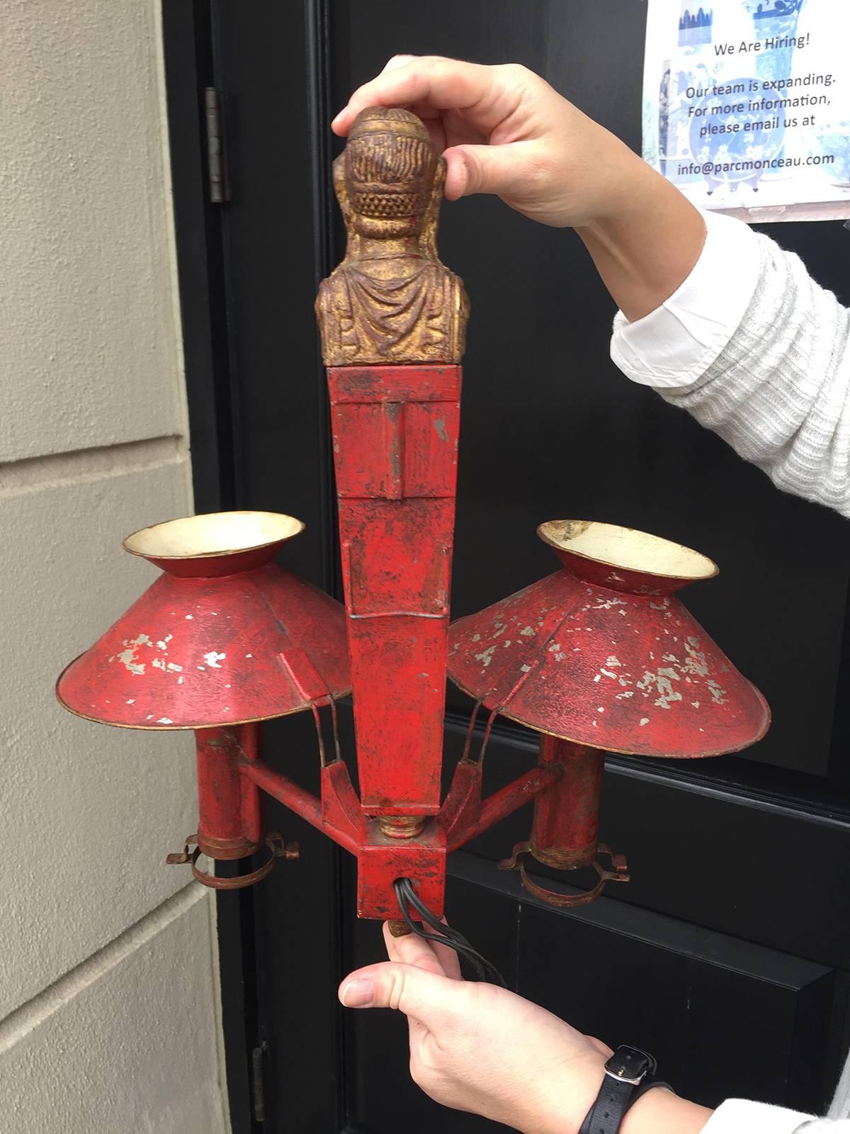 Pair of 19th Century Continental Empire Red Tole Two-Arm Sconces 3