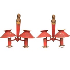 Pair of 19th Century Continental Empire Red Tole Two-Arm Sconces