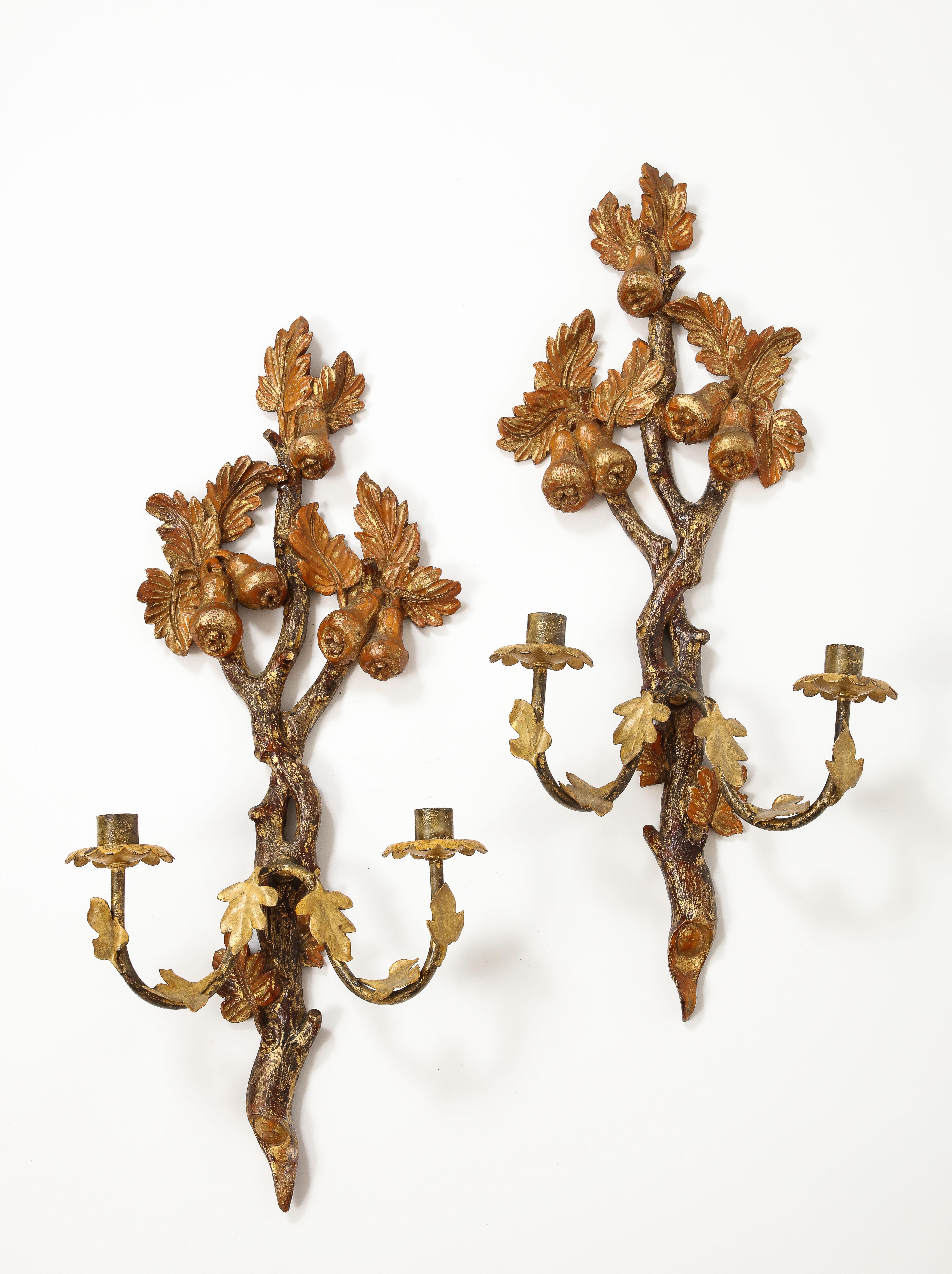 Empire Pair of 19th Century Continental Hand Painted Ormolu Carved Wood Candle Sconces  For Sale
