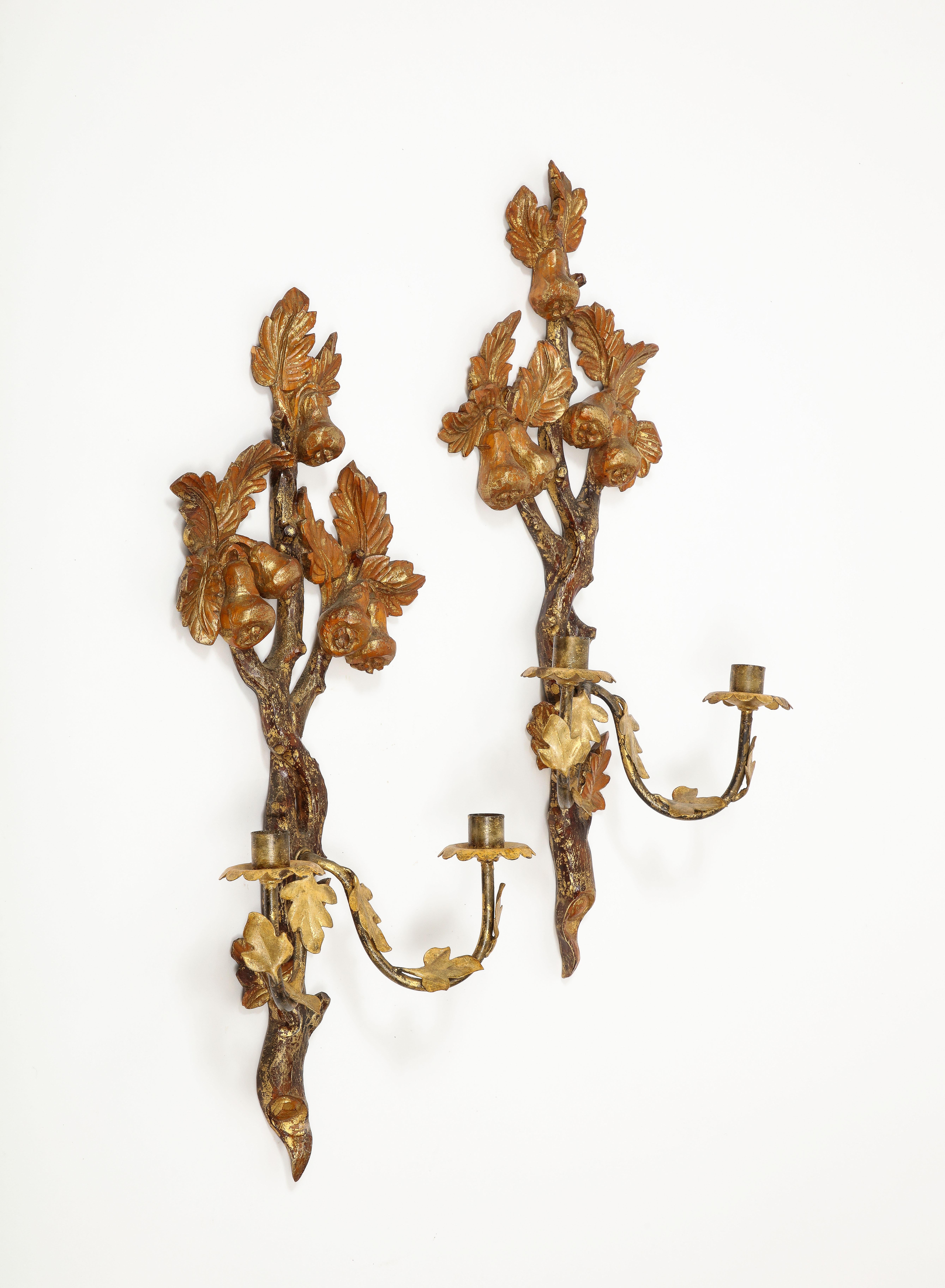 European Pair of 19th Century Continental Hand Painted Ormolu Carved Wood Candle Sconces  For Sale