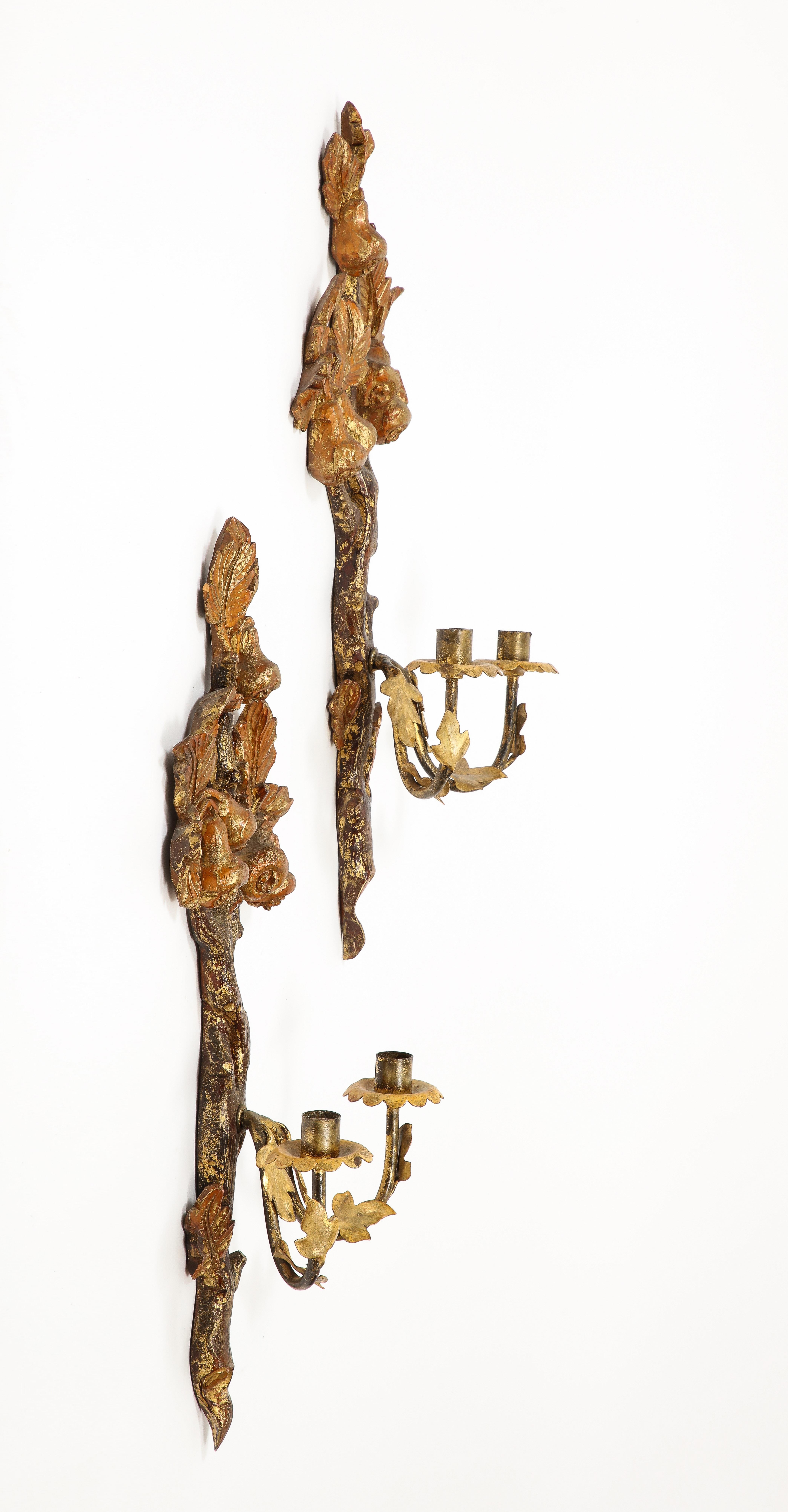 Pair of 19th Century Continental Hand Painted Ormolu Carved Wood Candle Sconces  In Good Condition For Sale In Chicago, IL