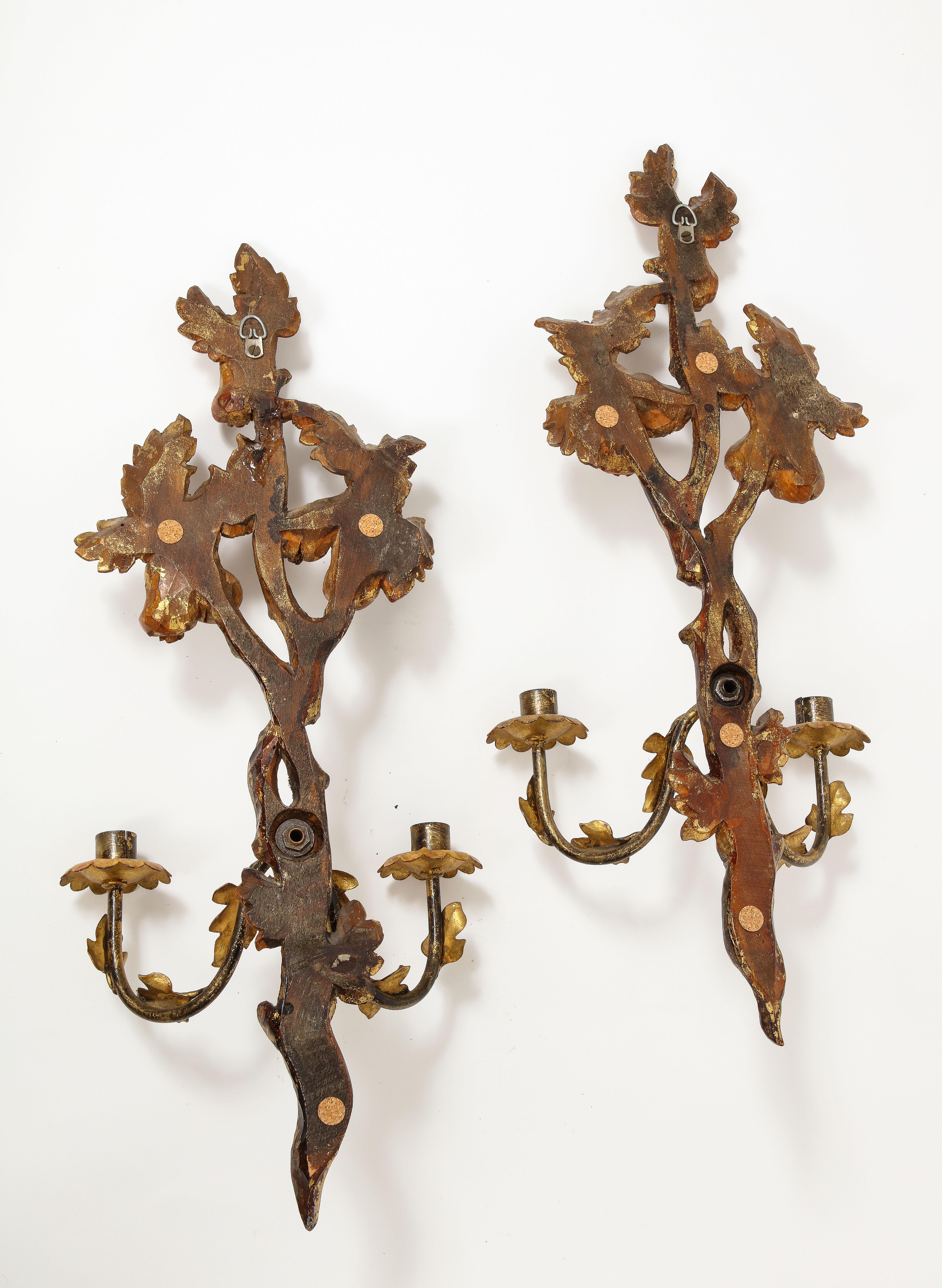 Pair of 19th Century Continental Hand Painted Ormolu Carved Wood Candle Sconces  For Sale 1