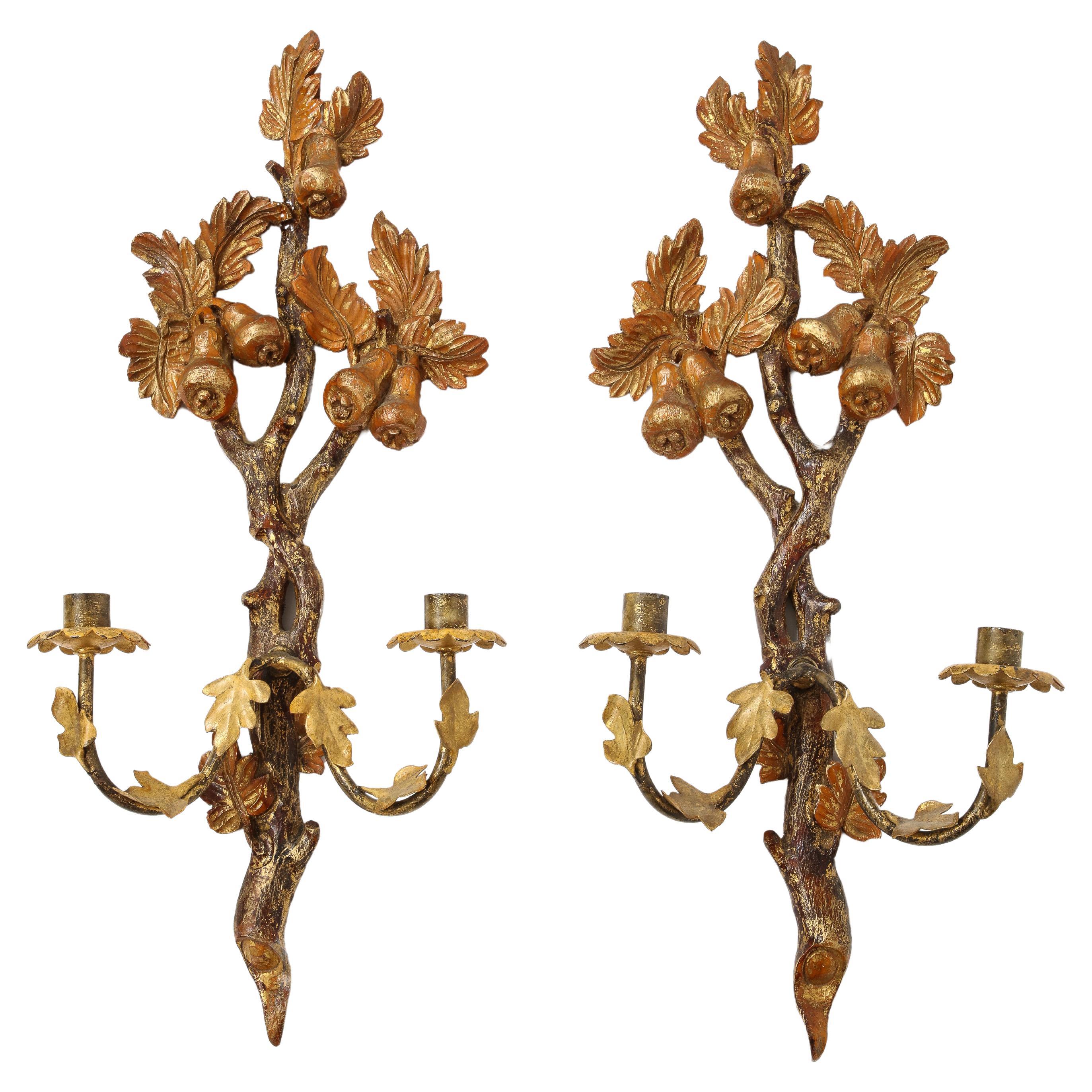 Pair of 19th Century Continental Hand Painted Ormolu Carved Wood Candle Sconces  For Sale