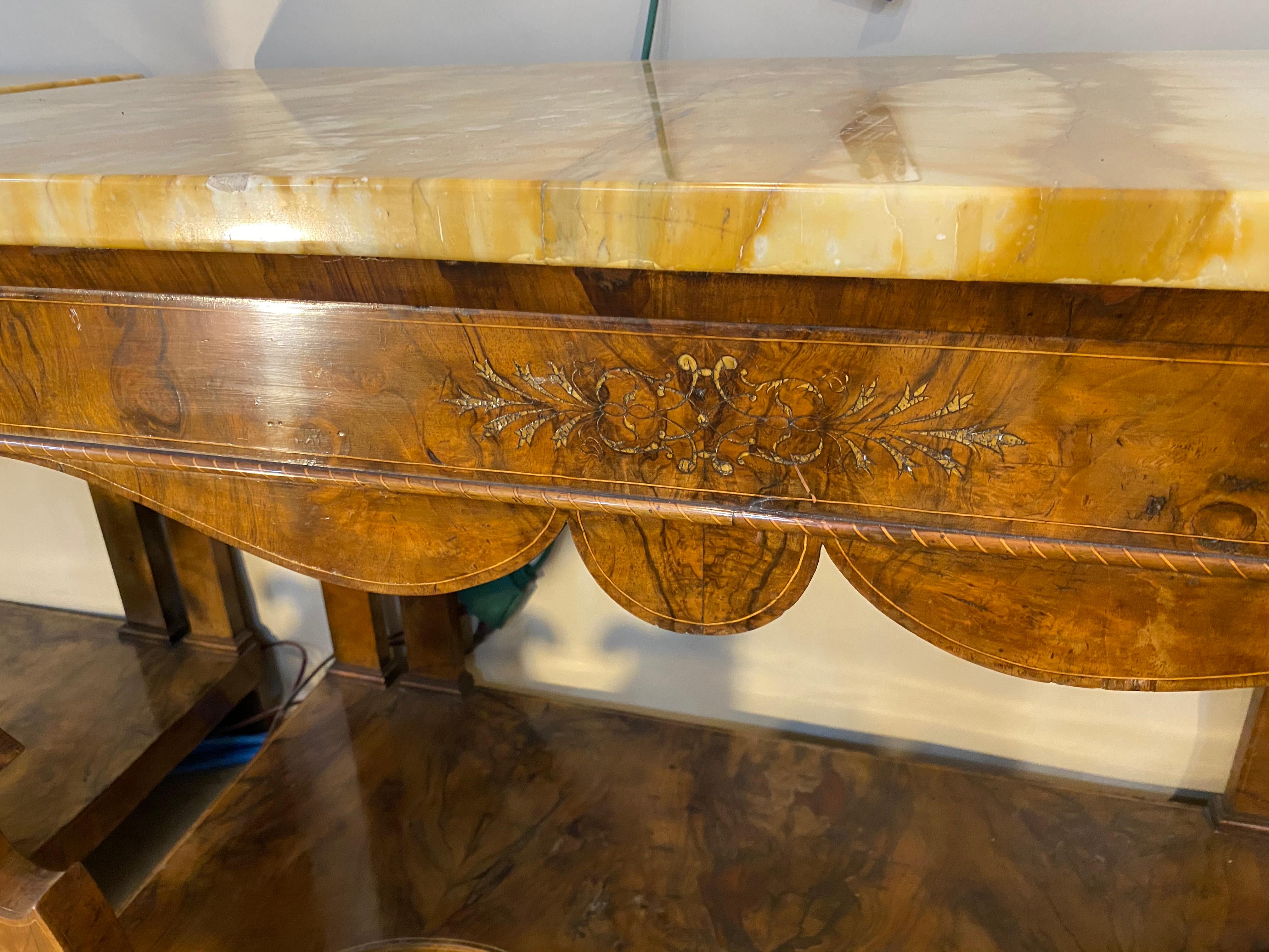 Pair of 19th Century Continental Inlaid Walnut Consoles with Yellow Onyx Tops For Sale 6