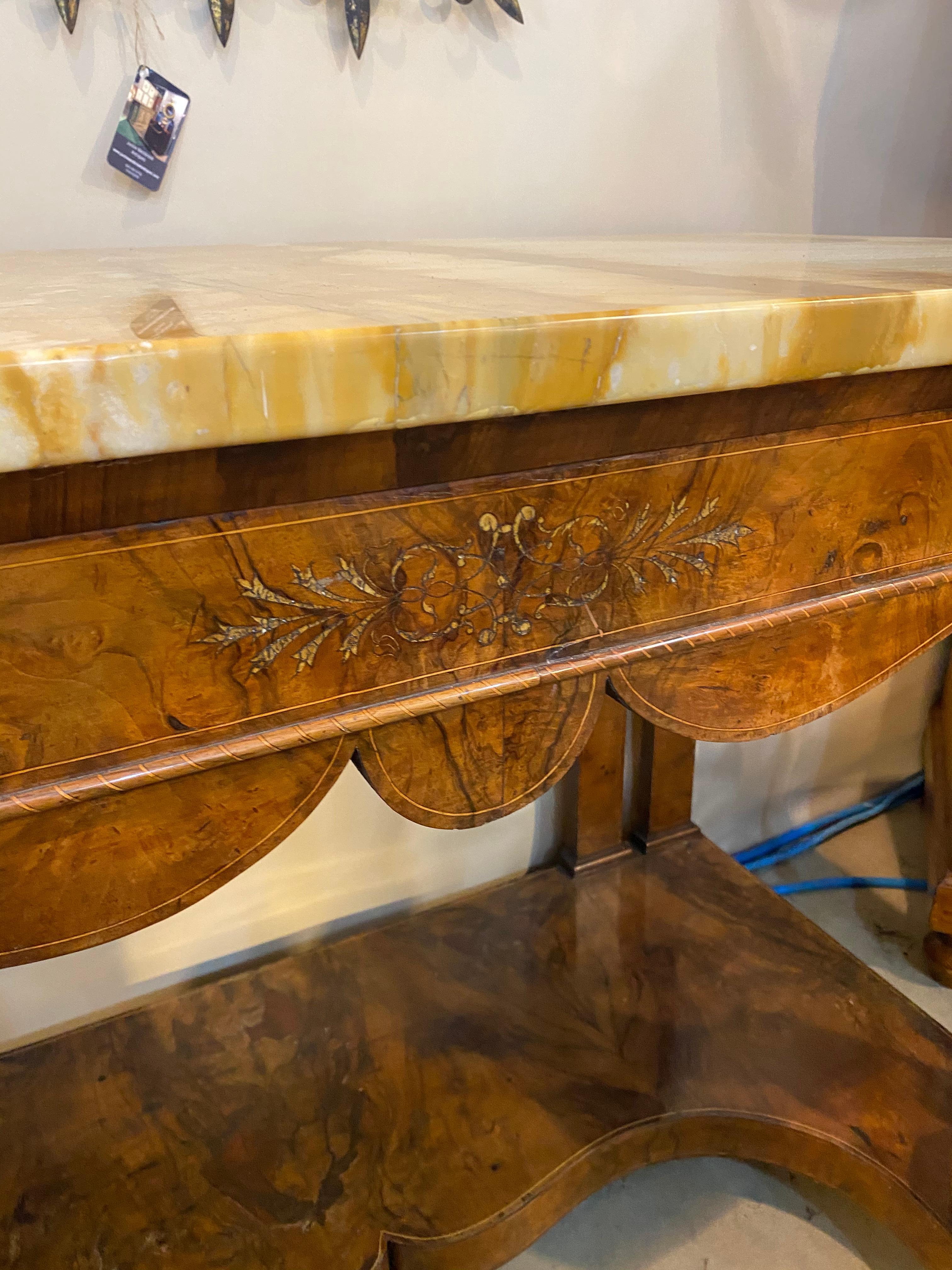 Pair of 19th Century Continental Inlaid Walnut Consoles with Yellow Onyx Tops For Sale 8