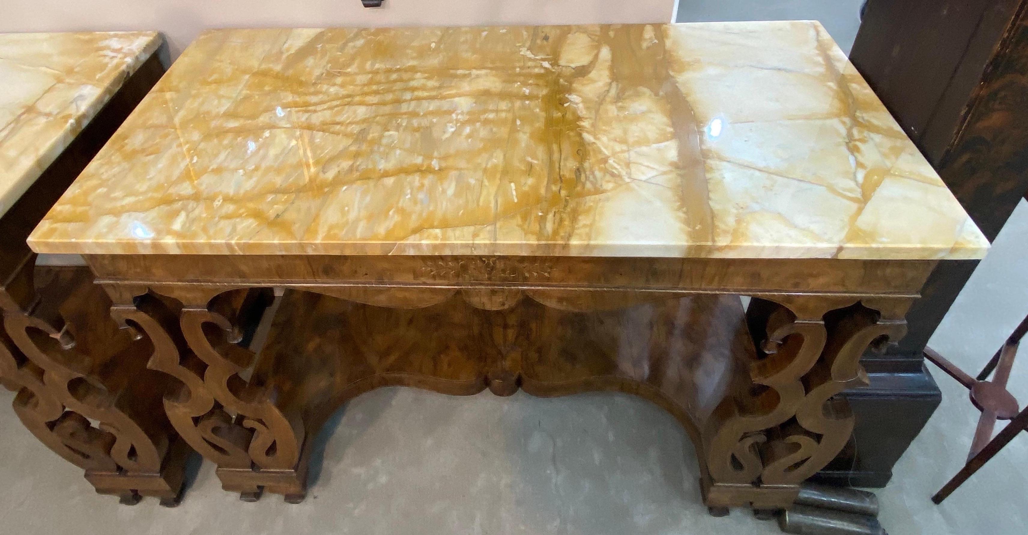 Pair of 19th Century Continental Inlaid Walnut Consoles with Yellow Onyx Tops For Sale 10