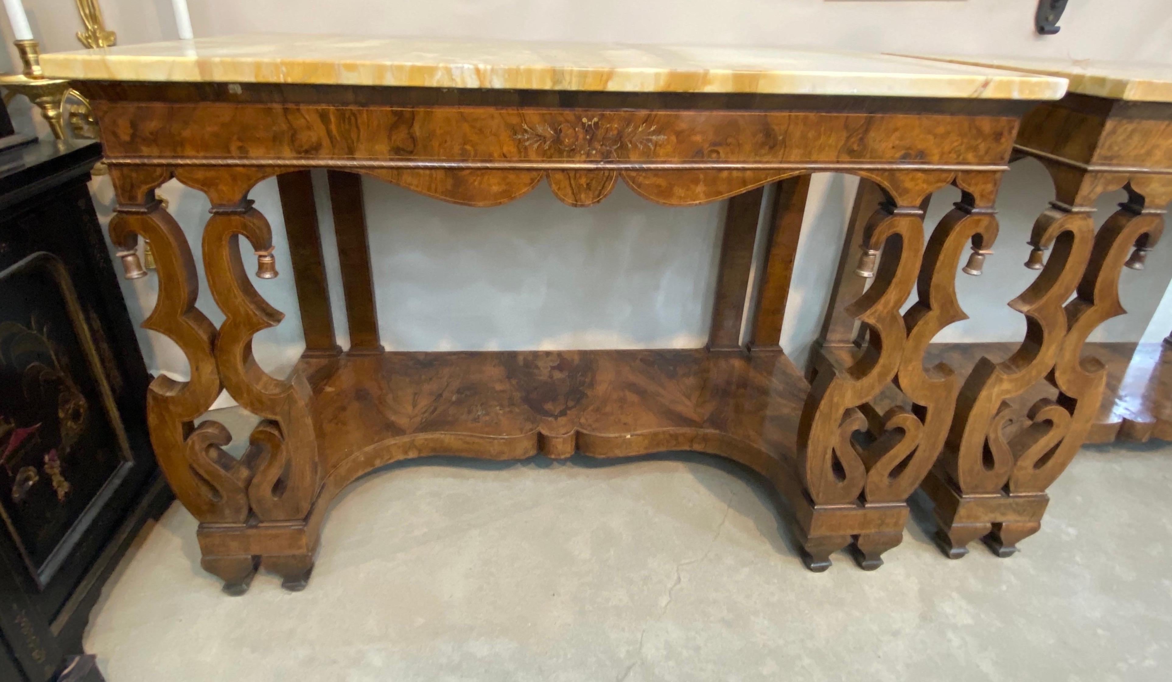 Italian Pair of 19th Century Continental Inlaid Walnut Consoles with Yellow Onyx Tops For Sale