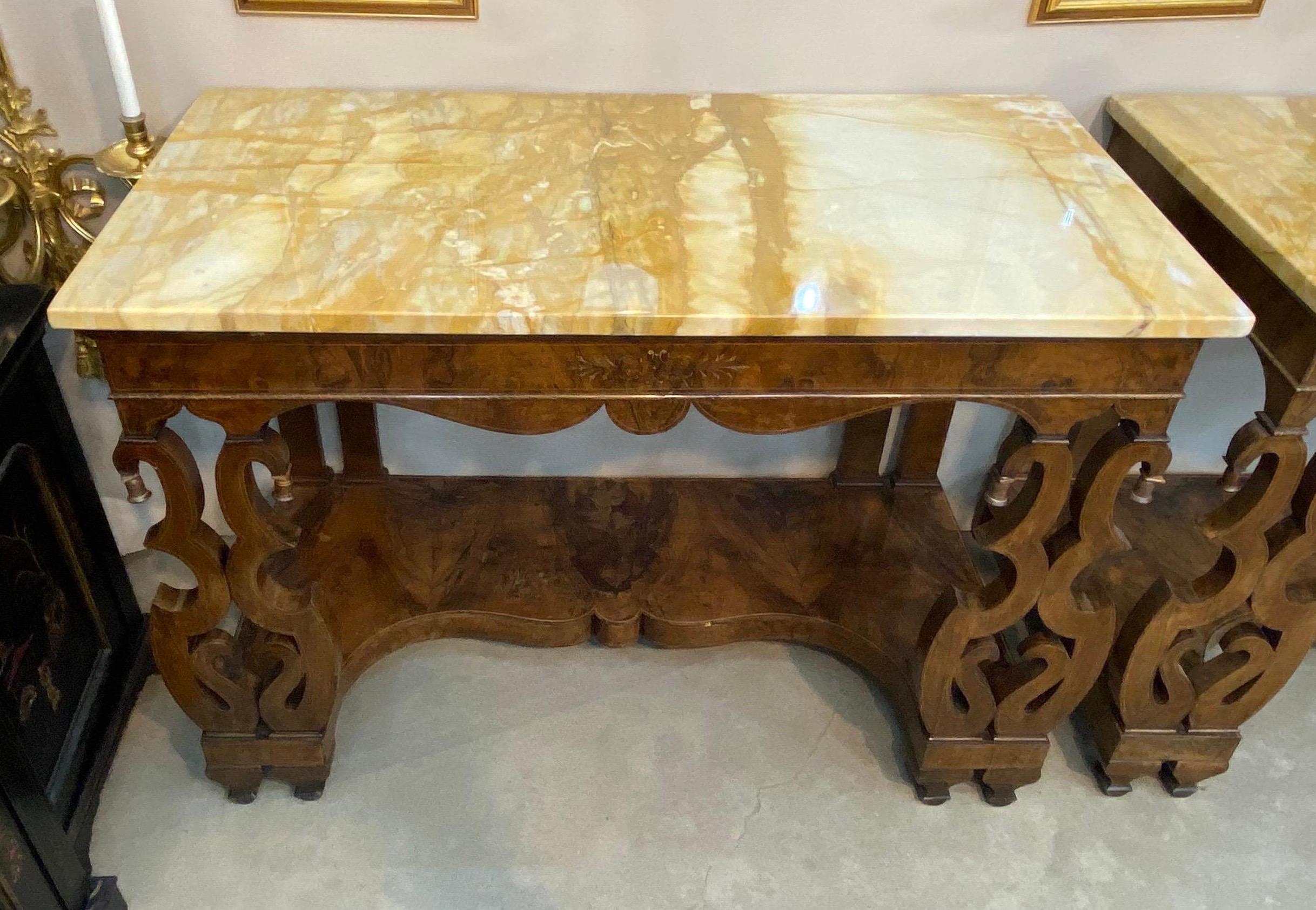 Pair of 19th Century Continental Inlaid Walnut Consoles with Yellow Onyx Tops In Good Condition For Sale In Charleston, SC