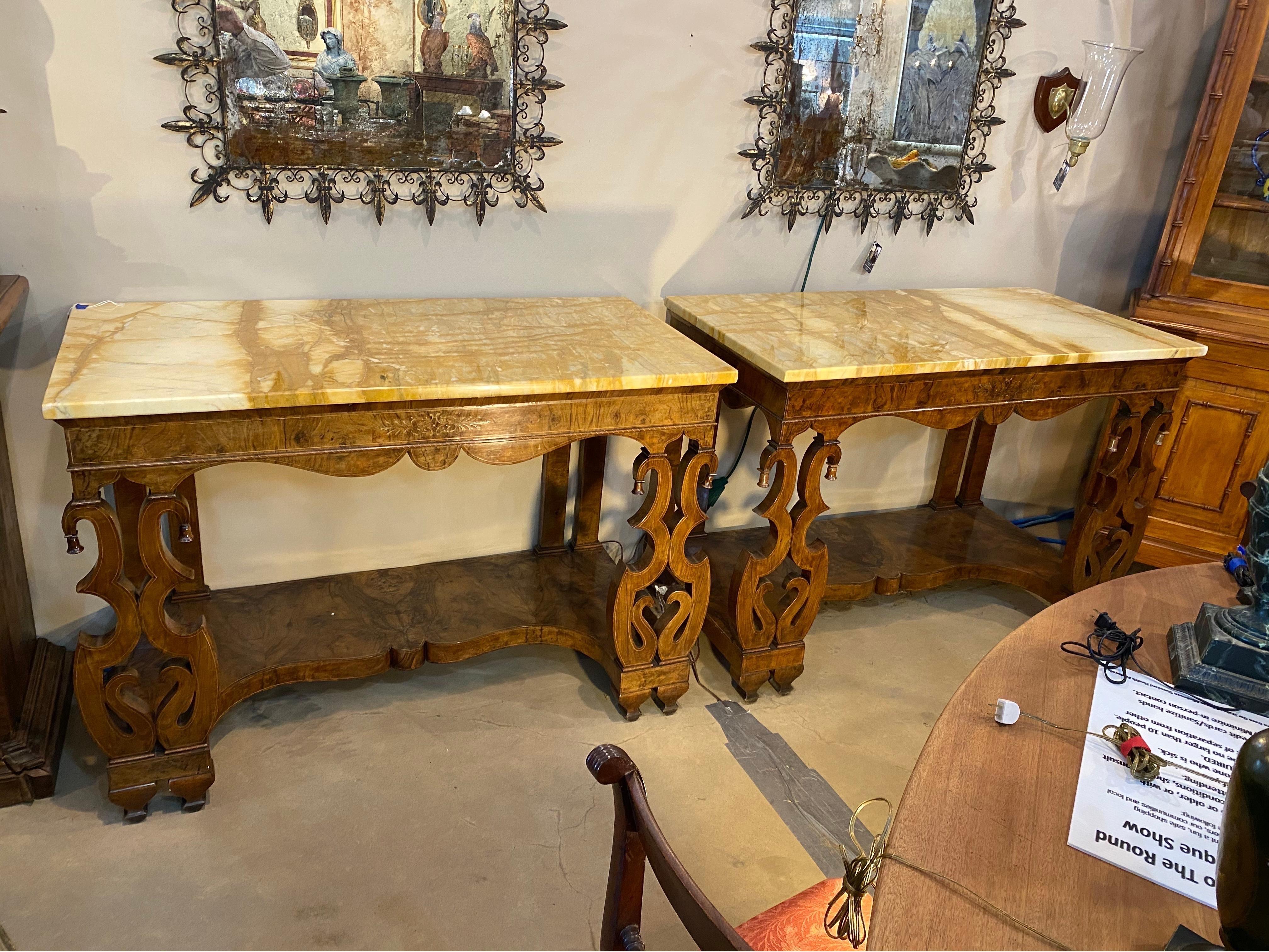 Pair of 19th Century Continental Inlaid Walnut Consoles with Yellow Onyx Tops For Sale 1
