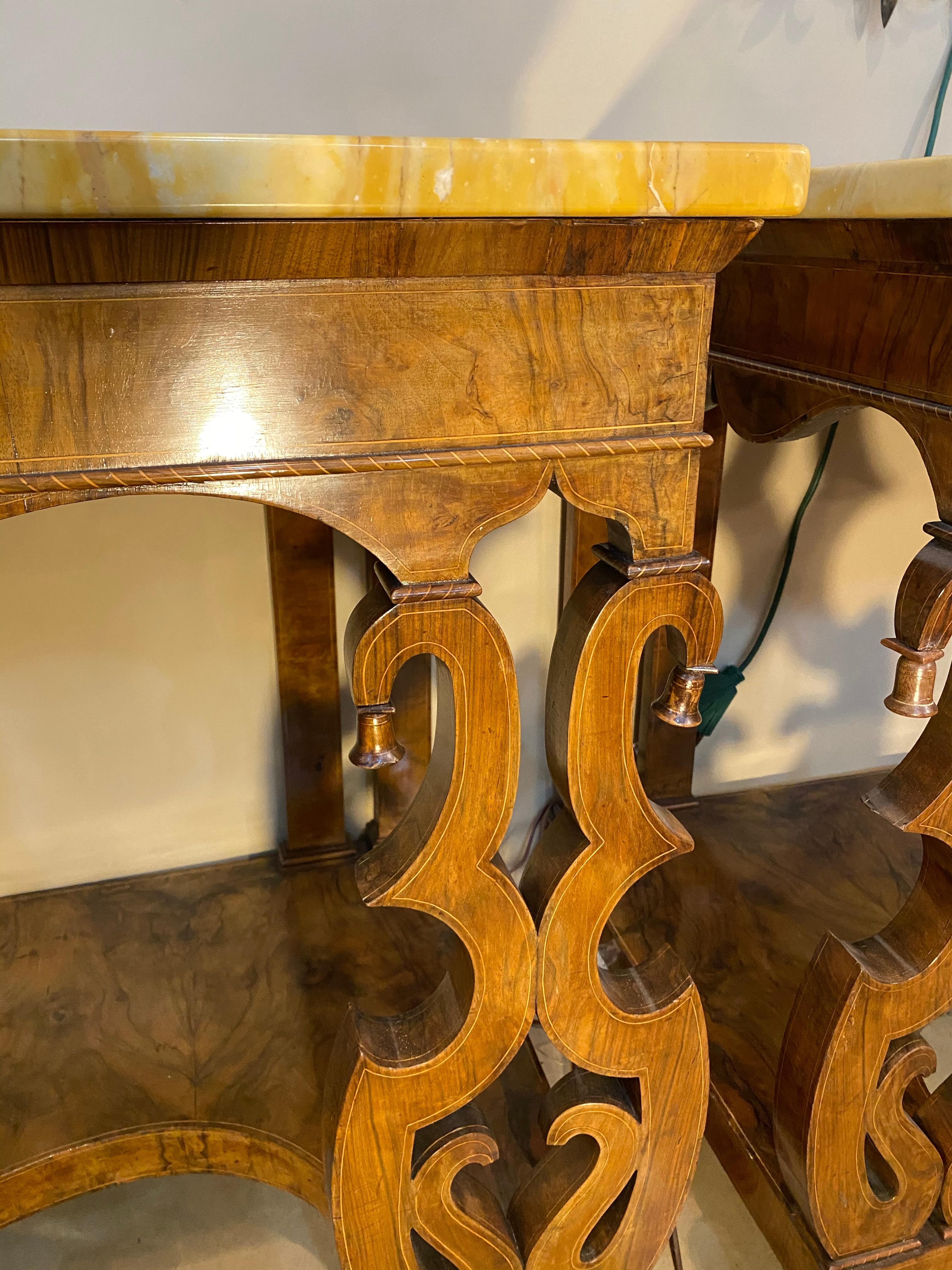 Pair of 19th Century Continental Inlaid Walnut Consoles with Yellow Onyx Tops For Sale 2