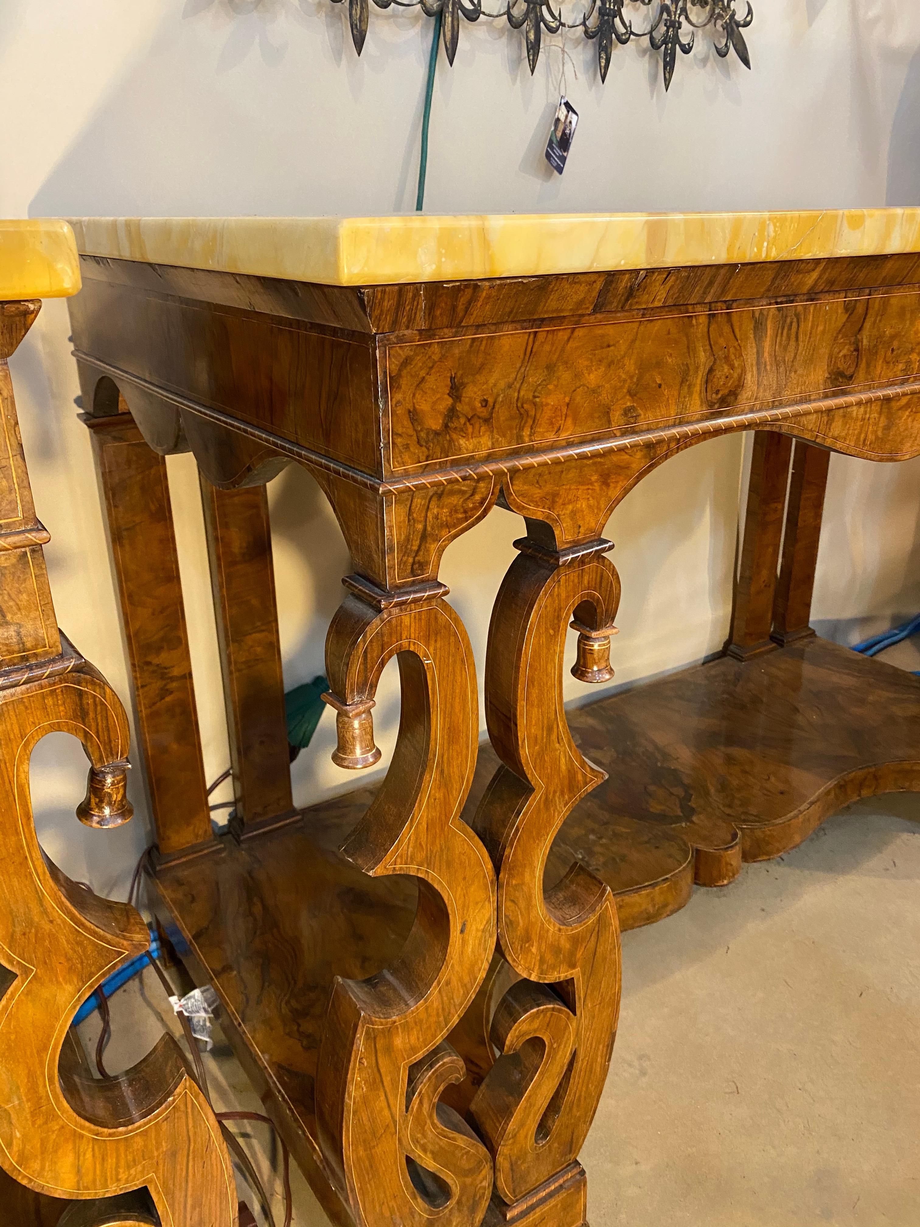 Pair of 19th Century Continental Inlaid Walnut Consoles with Yellow Onyx Tops For Sale 3