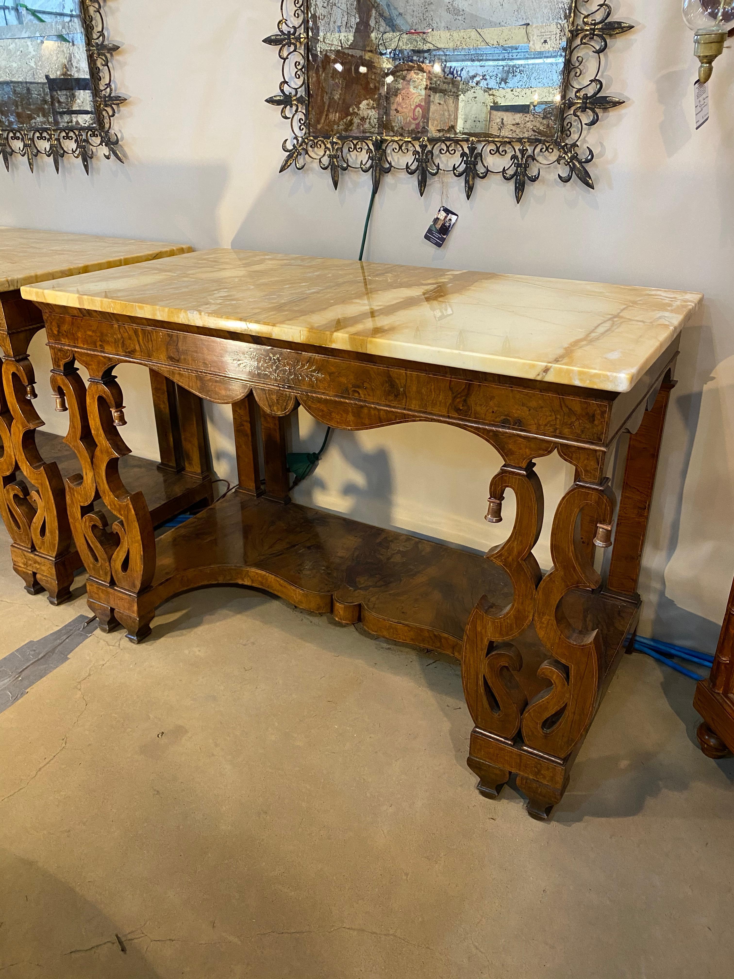Pair of 19th Century Continental Inlaid Walnut Consoles with Yellow Onyx Tops For Sale 5