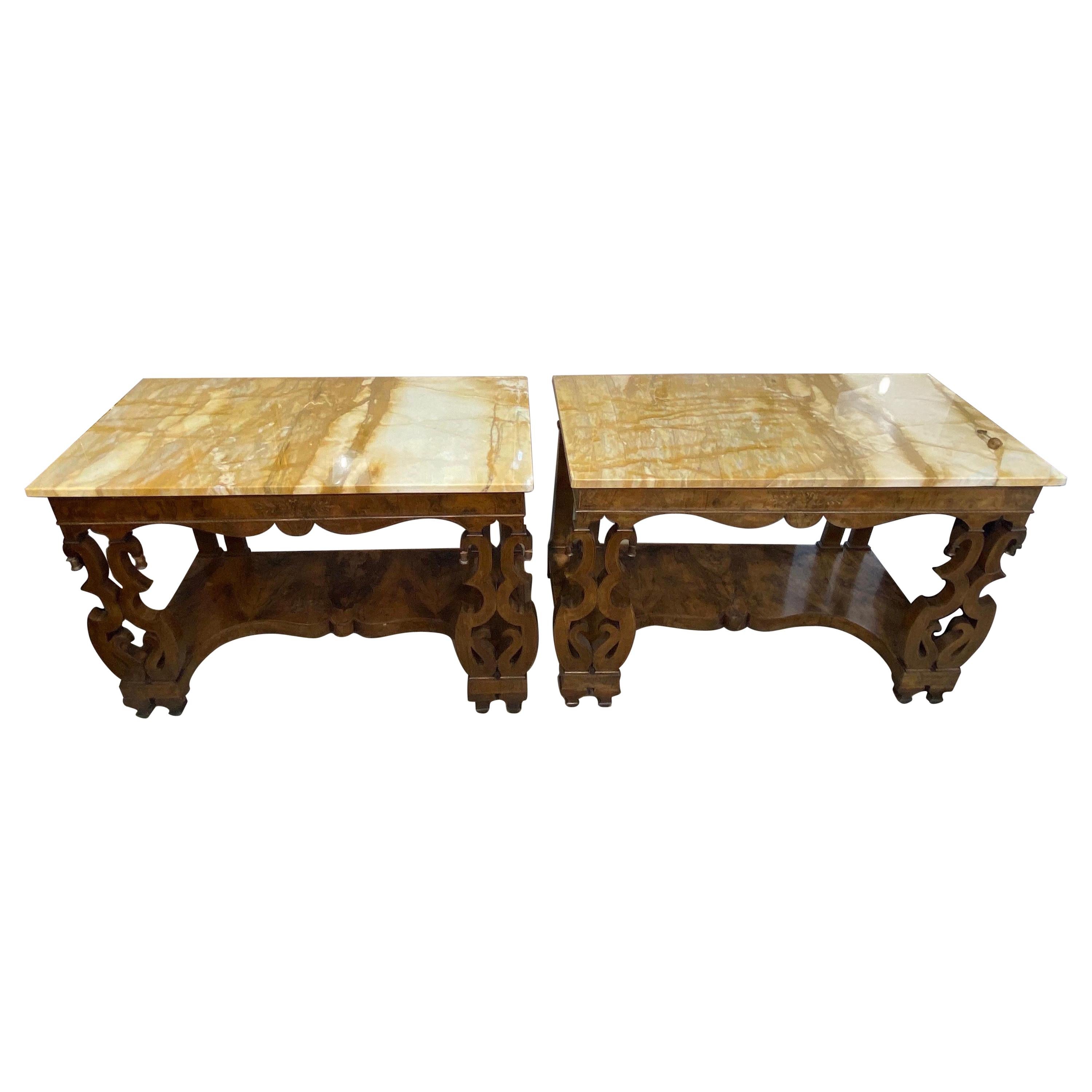 Pair of 19th Century Continental Inlaid Walnut Consoles with Yellow Onyx Tops For Sale