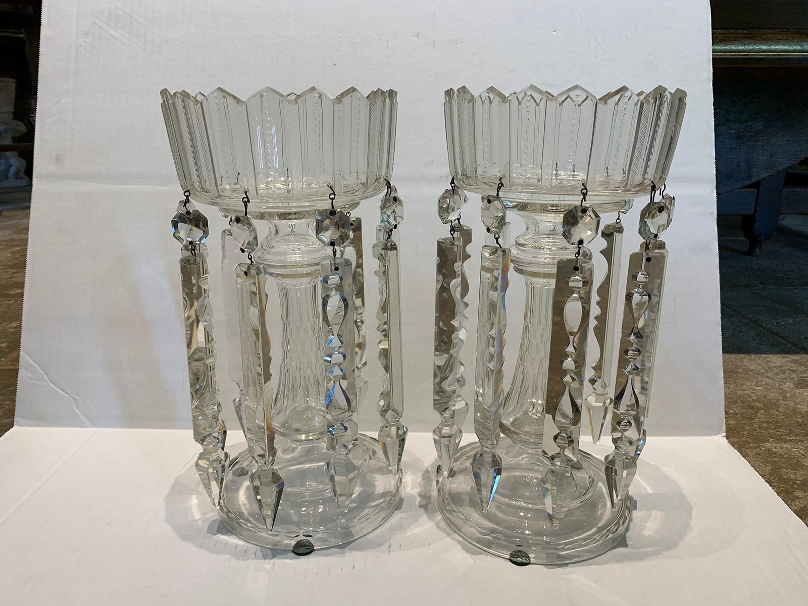 Pair of 19th century continental clear cut crystal mantel lusters with prisms.