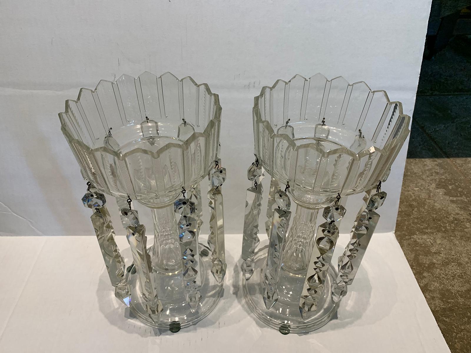 Pair of 19th Century Continental Clear Cut Crystal Mantel Lusters with Prisms 8