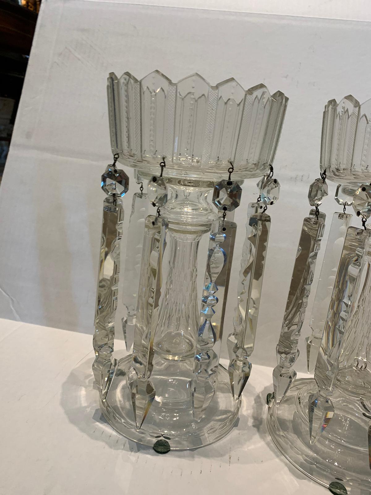 European Pair of 19th Century Continental Clear Cut Crystal Mantel Lusters with Prisms
